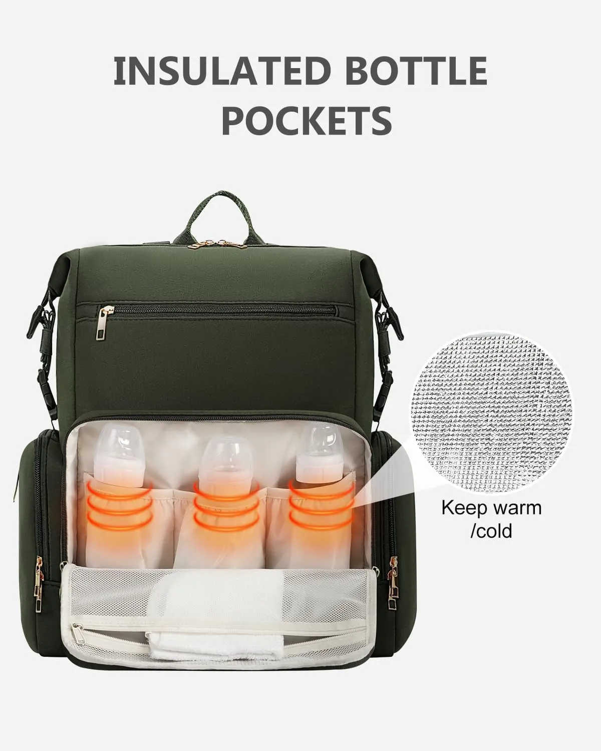 CEI-CEI Neoprene Diaper Bag Backpack with Insulated Pockets, Large Newborn Baby Maternity Bags Travel Tote with Changing Pad (Army Green)