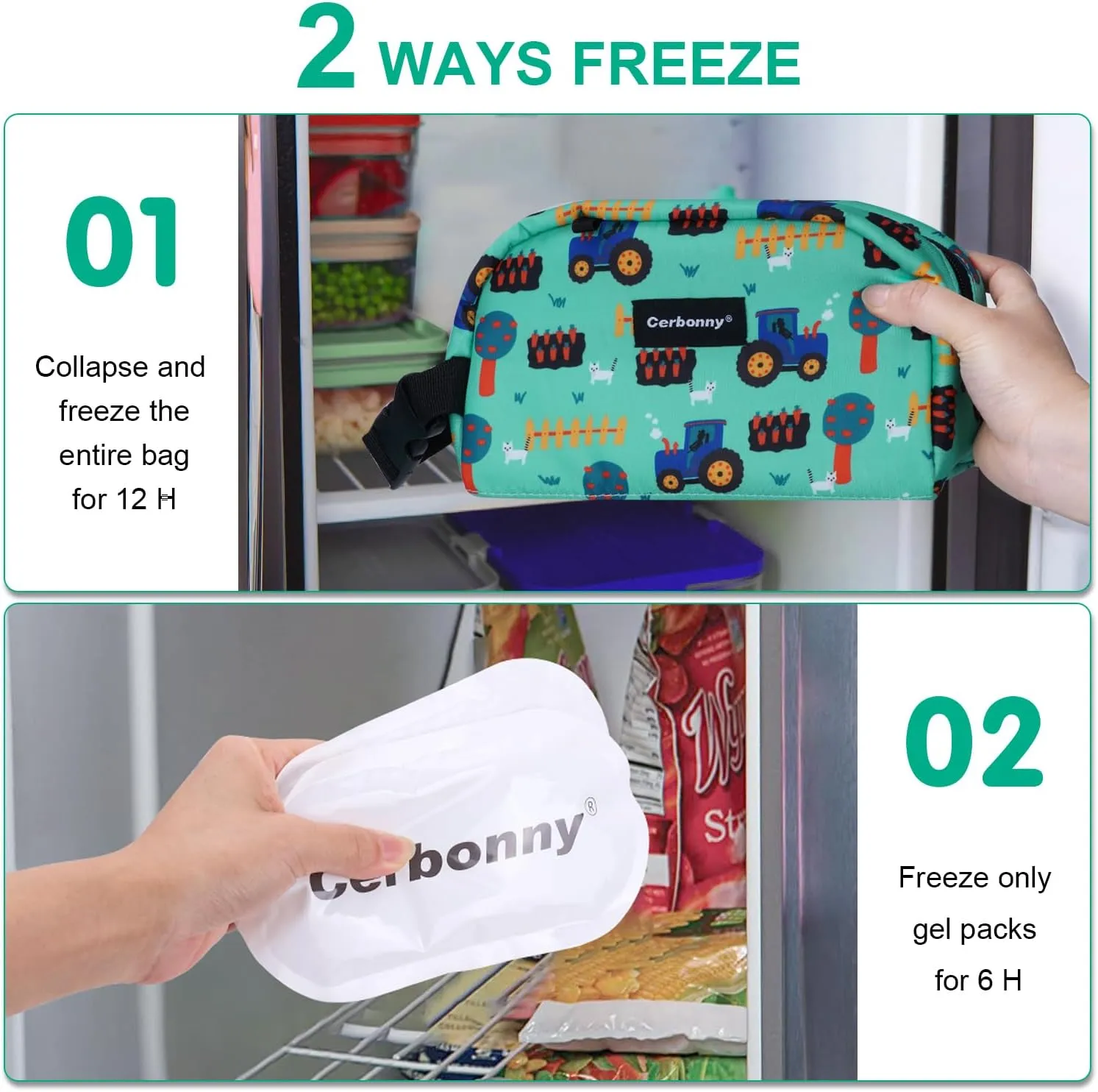 Cerbonny Small Cooler Bag Freezable Lunch Bag for Work School Travel,Small Lunch Bag,Small Insulated Bag For Kids/Adults,Freezer Lunch Bags,Mini Lunch Bag Fit For Yogurt,Suit for 3 (green vehicle)