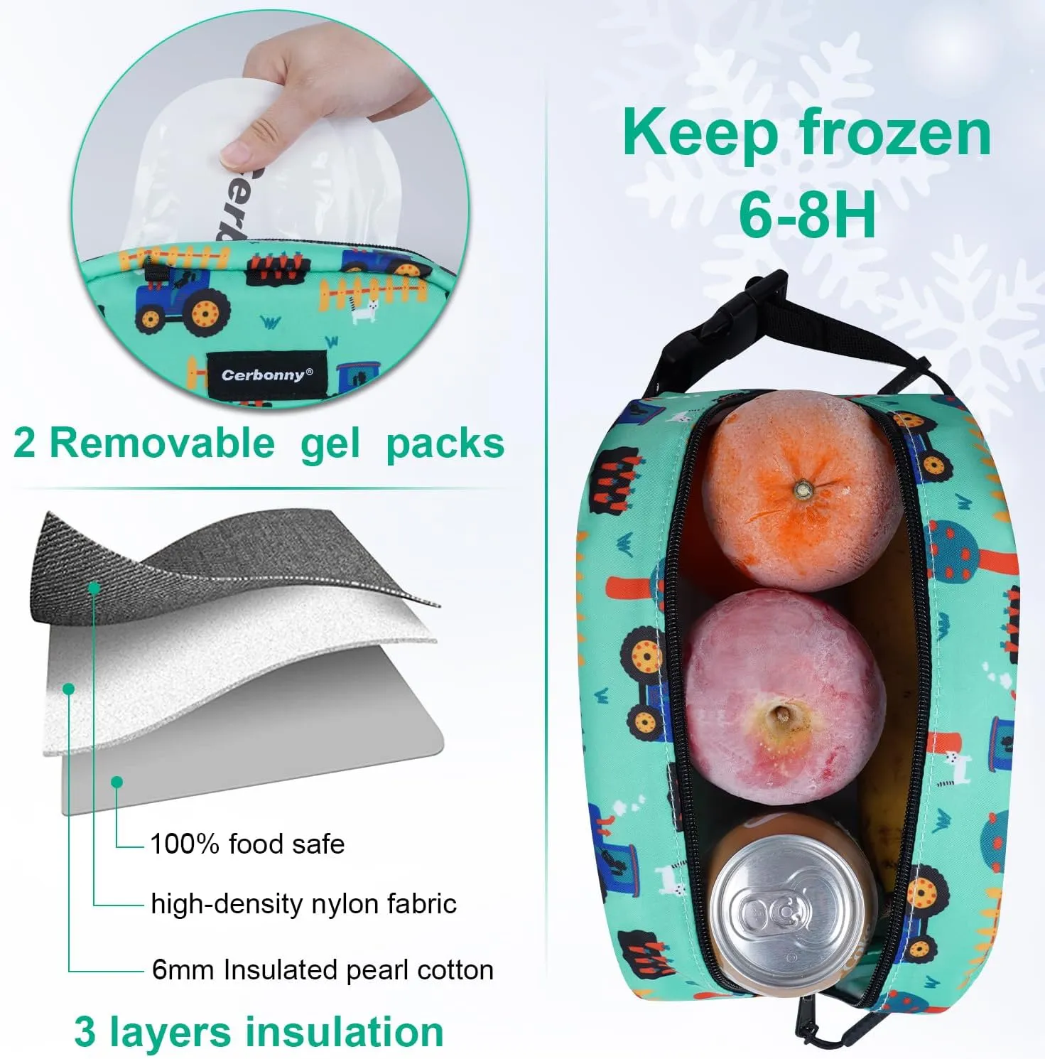 Cerbonny Small Cooler Bag Freezable Lunch Bag for Work School Travel,Small Lunch Bag,Small Insulated Bag For Kids/Adults,Freezer Lunch Bags,Mini Lunch Bag Fit For Yogurt,Suit for 3 (green vehicle)