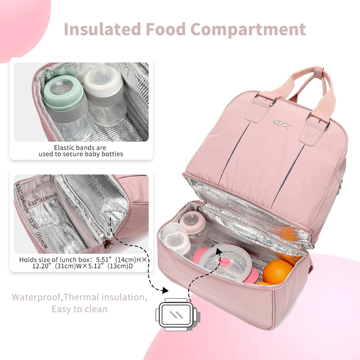 CFX diaper bag， Keep food separate from supplies，Lightweight baby bag for mom，diaper bag backpack（Pink）