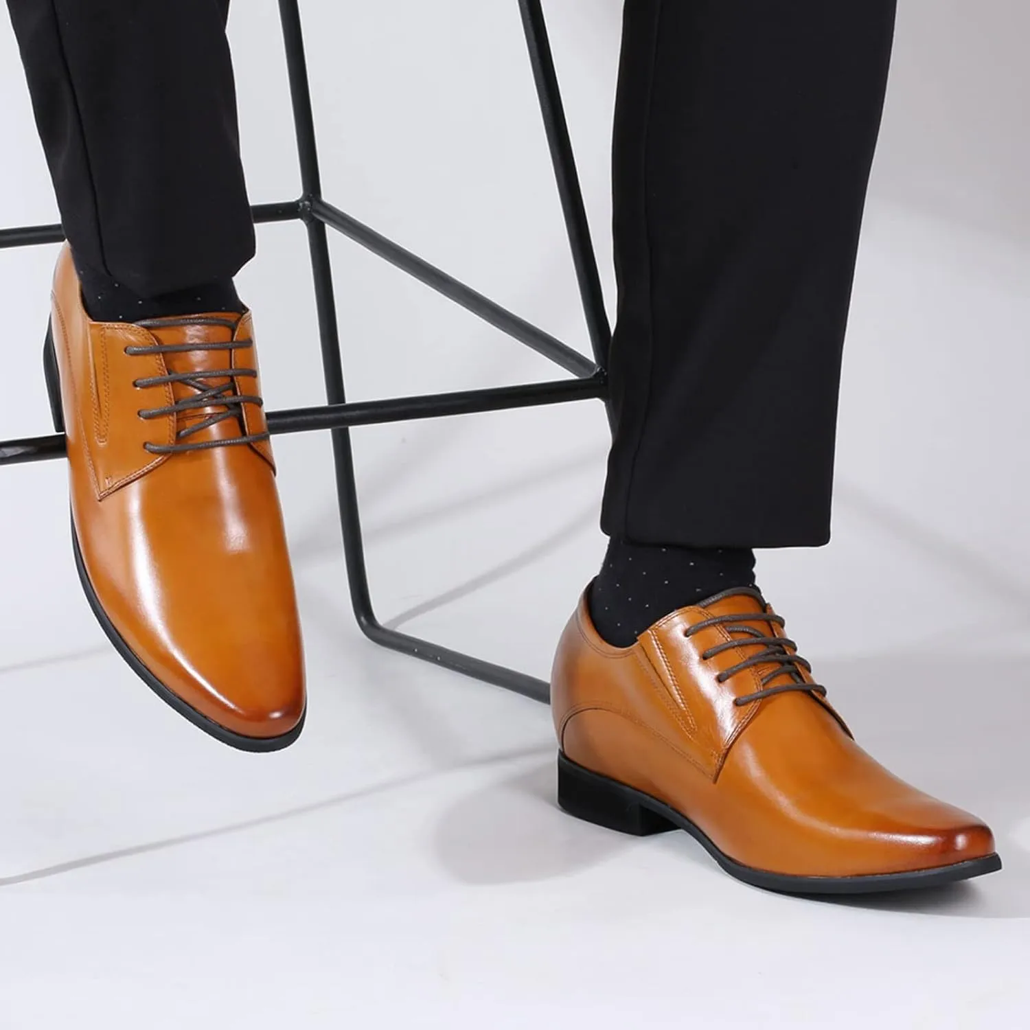 CHAMARIPA Elevator Shoes for Men- Black Leather Height Increase Dress Formal Shoes That Make You Taller 3.15 Inches.