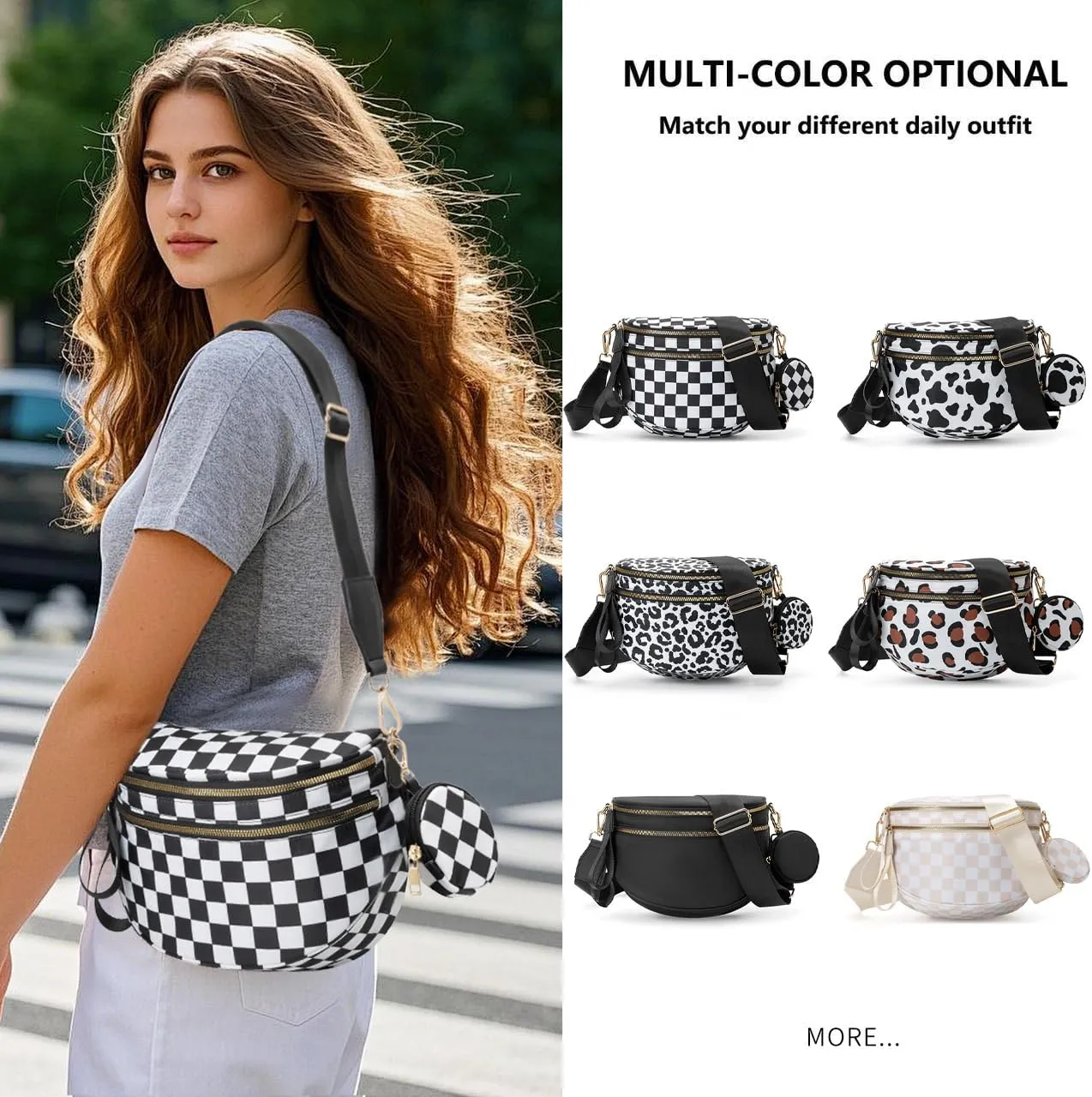 Checkered Crossbody Bag for Women，Spacious Nylon Bum Bag Checkered Handbags Wallets Oversized Slouchy Bag
