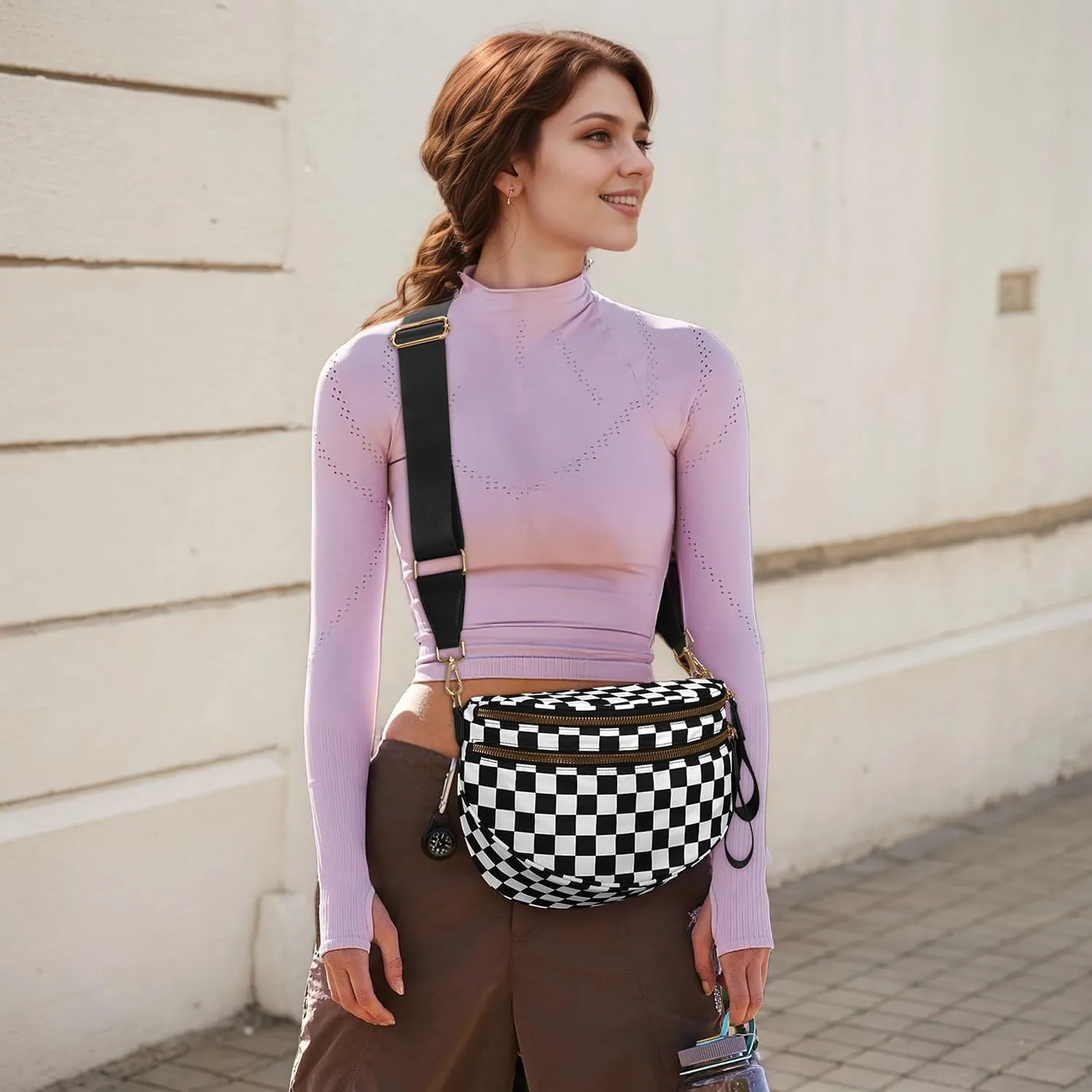 Checkered Crossbody Bag for Women，Spacious Nylon Bum Bag Checkered Handbags Wallets Oversized Slouchy Bag