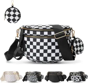 Checkered Crossbody Bag for Women，Spacious Nylon Bum Bag Checkered Handbags Wallets Oversized Slouchy Bag