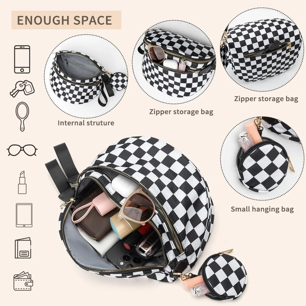Checkered Crossbody Bag for Women，Spacious Nylon Bum Bag Checkered Handbags Wallets Oversized Slouchy Bag