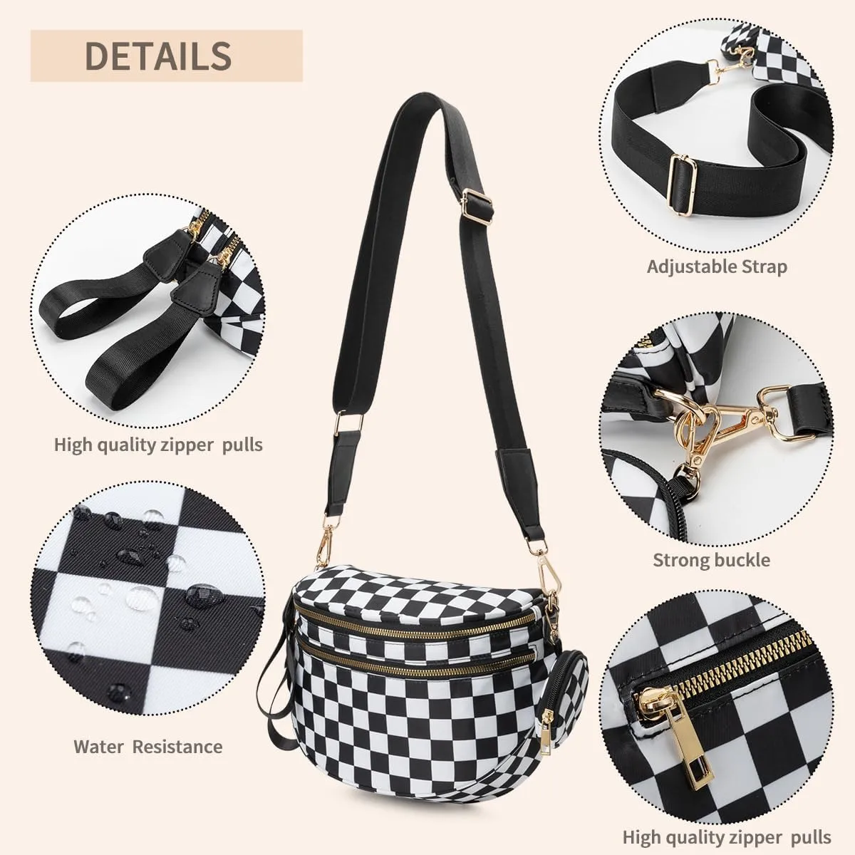 Checkered Crossbody Bag for Women，Spacious Nylon Bum Bag Checkered Handbags Wallets Oversized Slouchy Bag