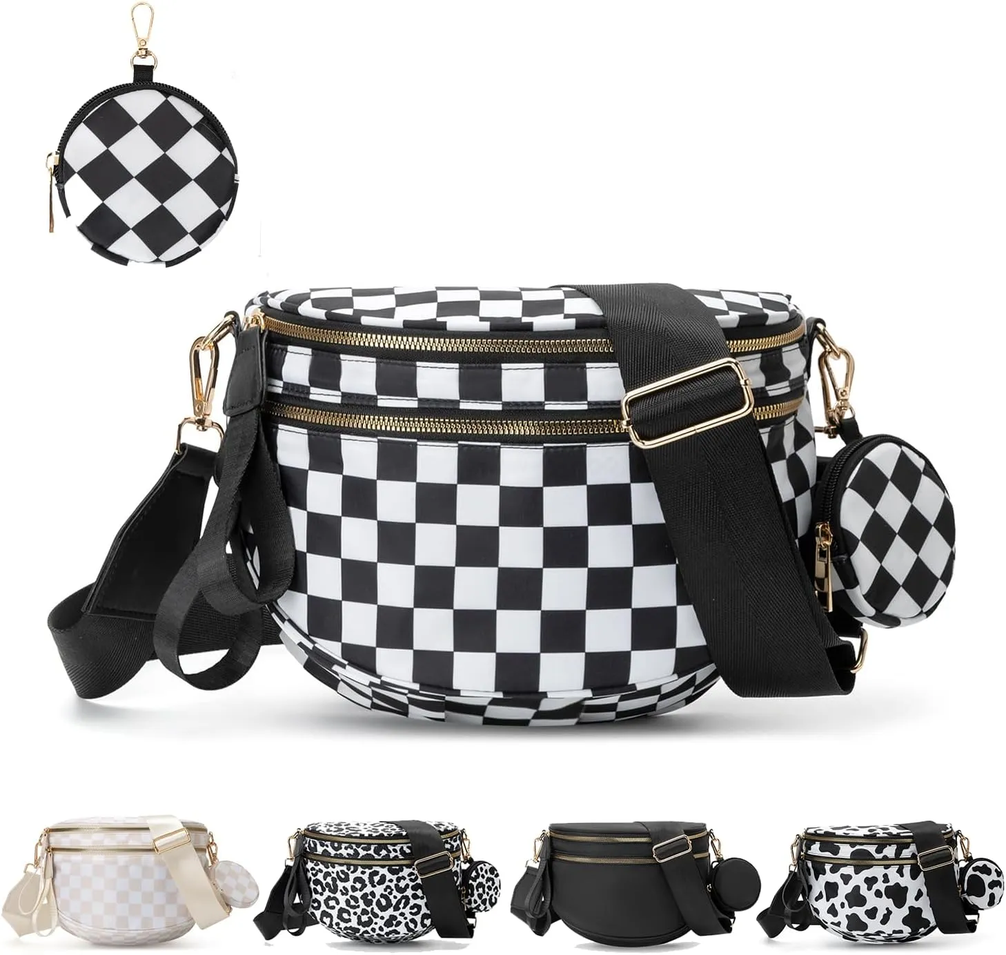 Checkered Crossbody Bag for Women，Spacious Nylon Bum Bag Checkered Handbags Wallets Oversized Slouchy Bag