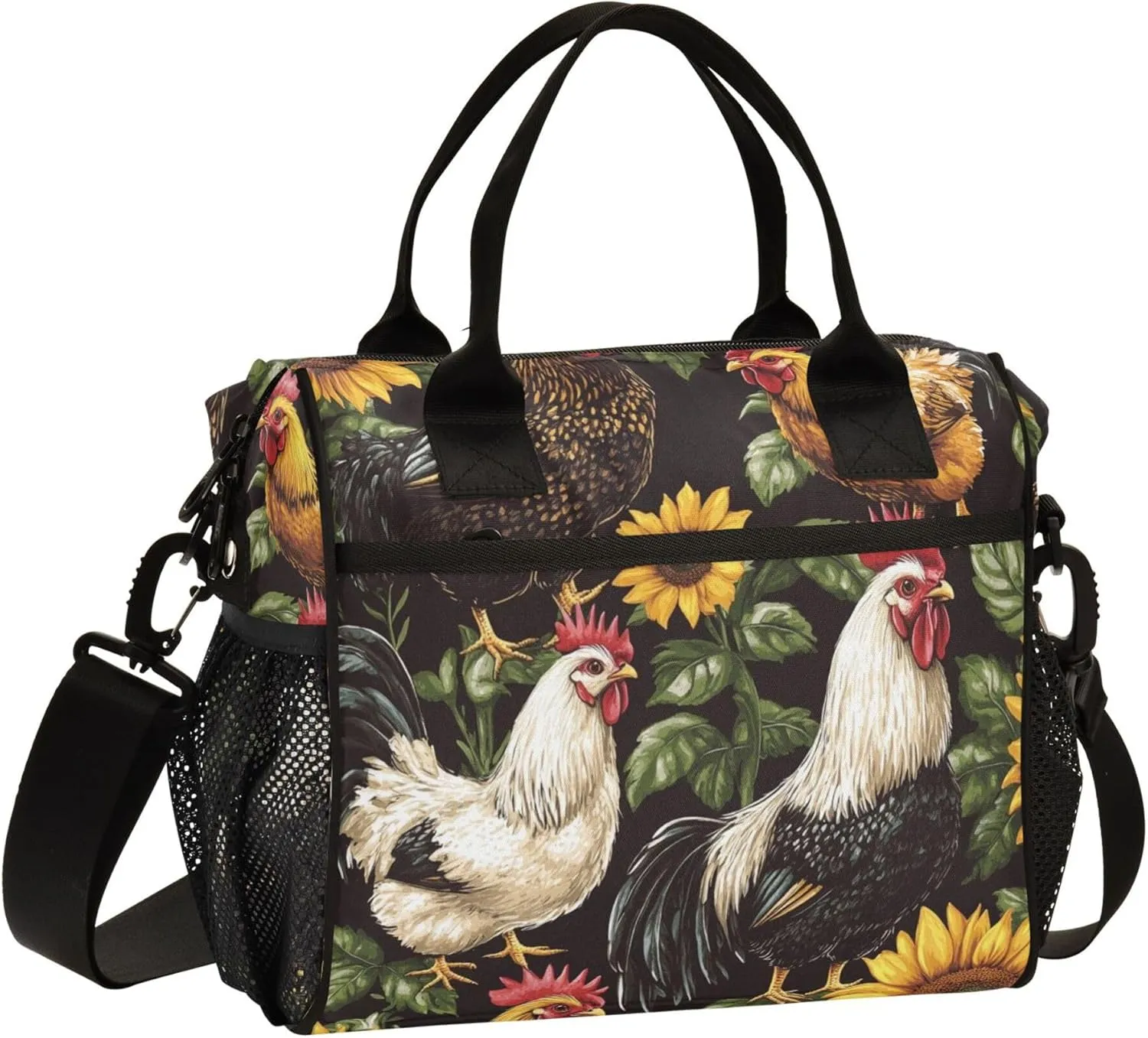 Chickens Roosters and Sunflowers Large Lunch Tote Bag Insulated Lunch Boxes with Adjustable Shoulder Strap for Office Work Travel Picnic