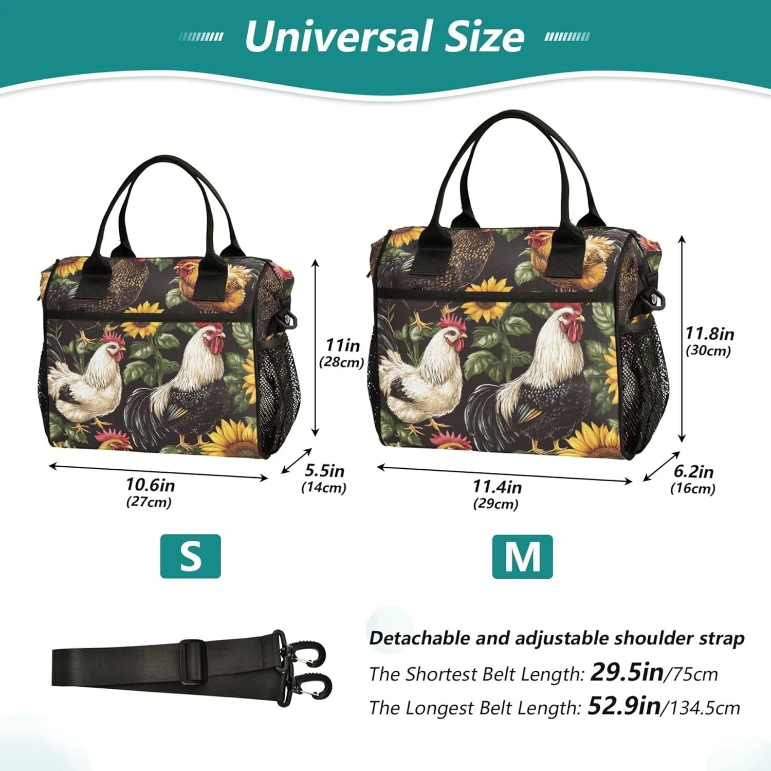 Chickens Roosters and Sunflowers Large Lunch Tote Bag Insulated Lunch Boxes with Adjustable Shoulder Strap for Office Work Travel Picnic