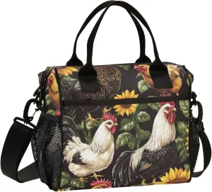 Chickens Roosters and Sunflowers Large Lunch Tote Bag Insulated Lunch Boxes with Adjustable Shoulder Strap for Office Work Travel Picnic