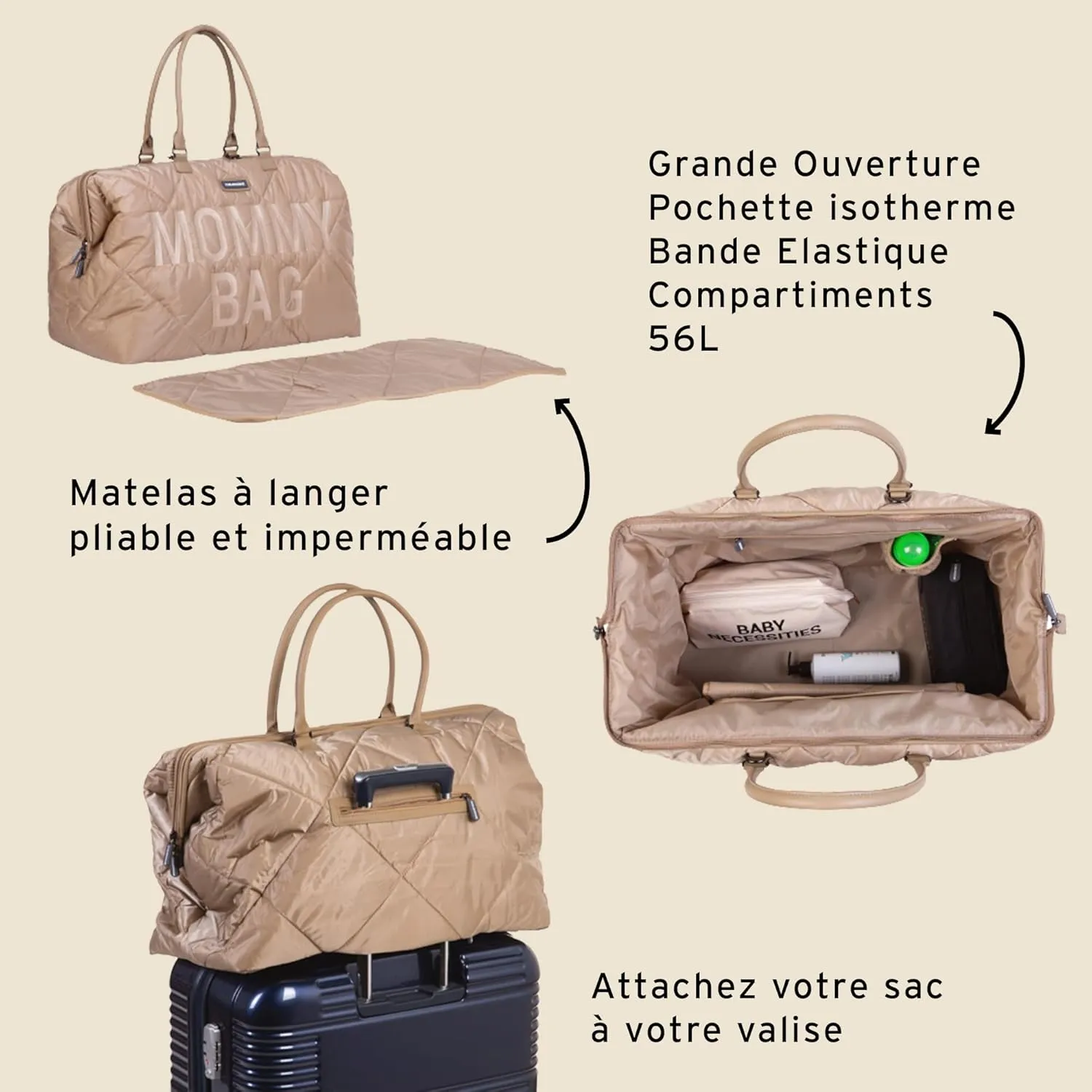 Childhome Original Mommy Diaper Bag - Large Tote, Hospital & Travel Bag - Beige