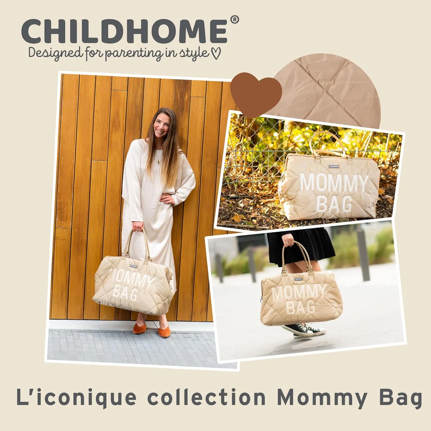 Childhome Original Mommy Diaper Bag - Large Tote, Hospital & Travel Bag - Beige