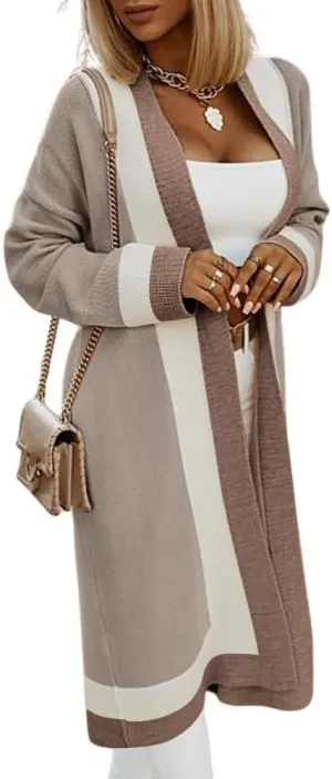 chouyatou Women's Fall Color Block Open Front Cardigan Sweater Casual Loose Knitted Long Coatigan Coat