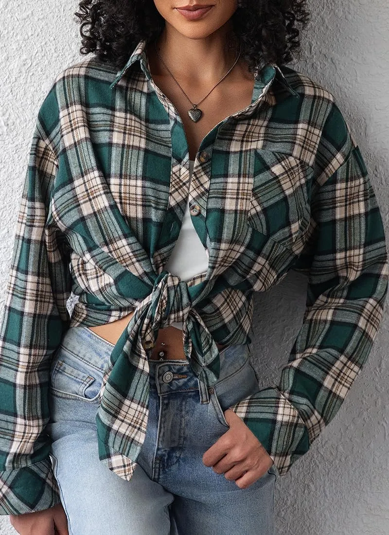 CHYRII Womens Button Down Flannel Shirts Long Sleeve Plaid Shackets Business Casual Blouse Top