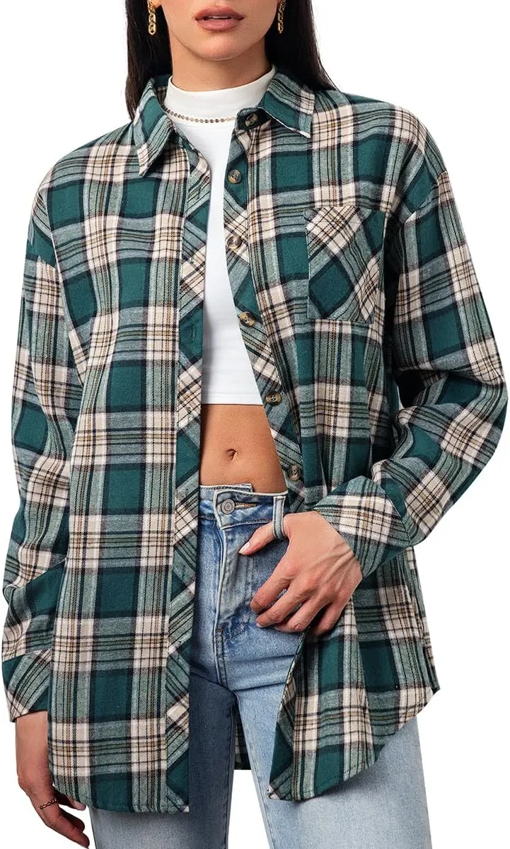 CHYRII Womens Button Down Flannel Shirts Long Sleeve Plaid Shackets Business Casual Blouse Top