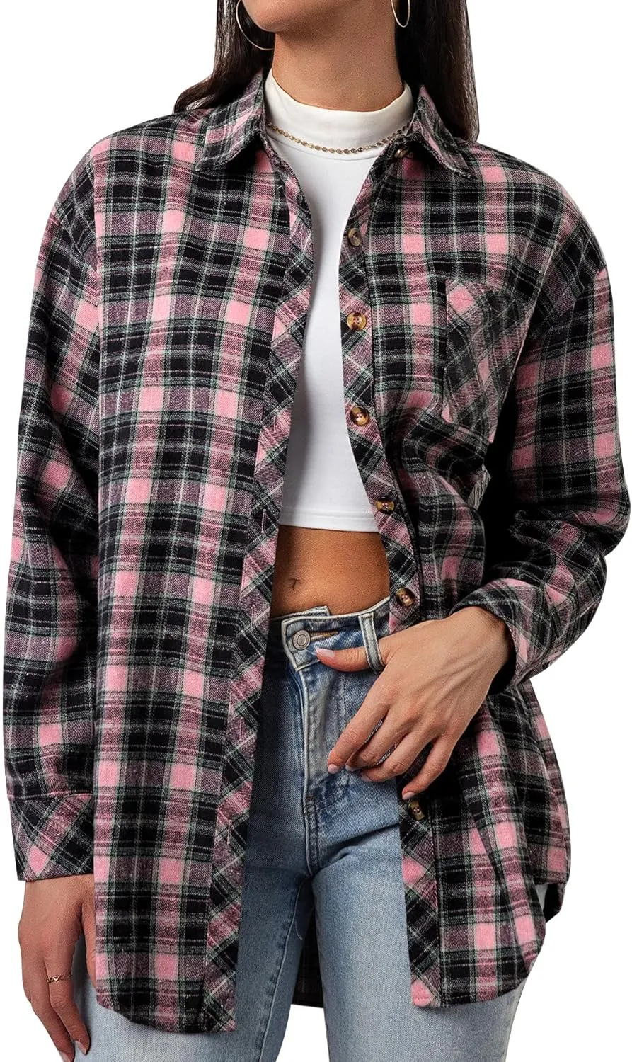 CHYRII Womens Button Down Flannel Shirts Long Sleeve Plaid Shackets Business Casual Blouse Top