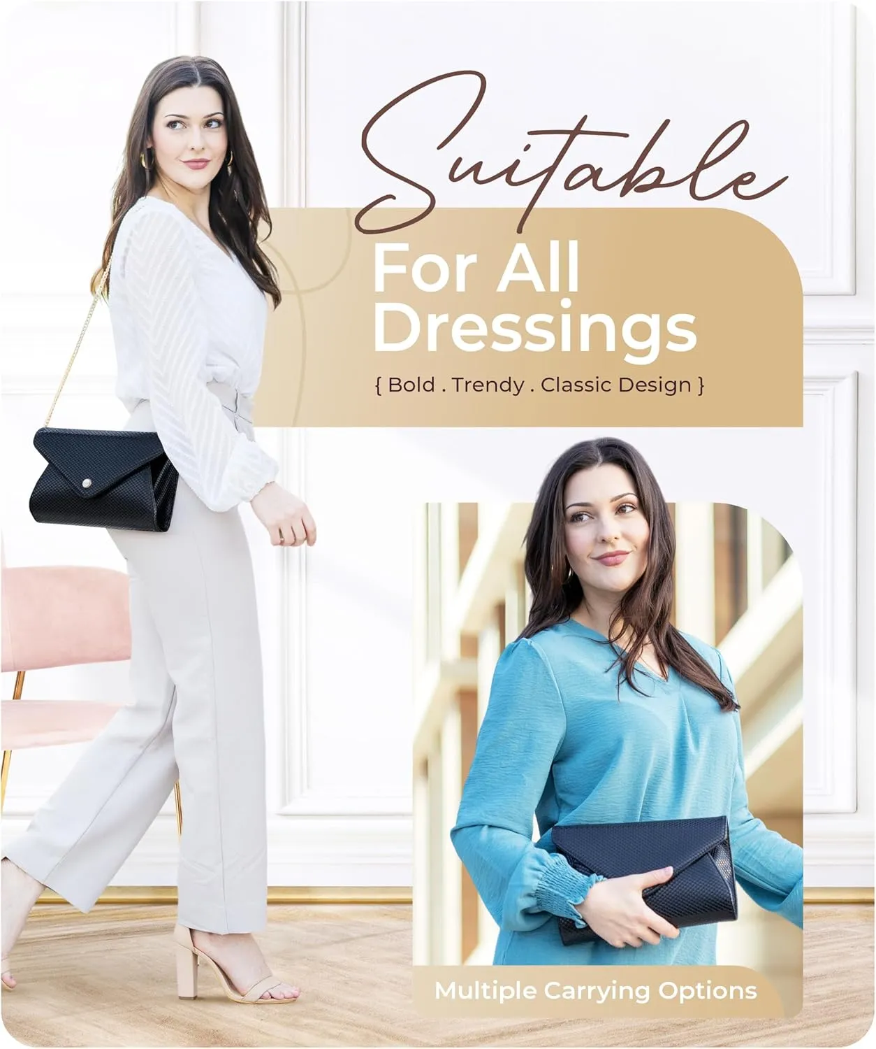 Claasico Evening Clutch Purses For Women - Elegant Envelope Clutch RFID Bag with Detachable Chain
