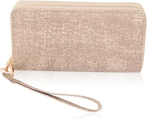 Classic Leatherette Zip Around Wallet - Vegan Leather Zipper Clutch Purse Coin Card Slots, Removable Wristlet (Double Zip Wristlet - Textured Light Brown)