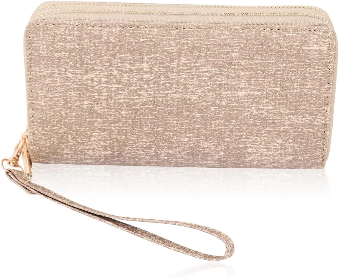 Classic Leatherette Zip Around Wallet - Vegan Leather Zipper Clutch Purse Coin Card Slots, Removable Wristlet (Double Zip Wristlet - Textured Light Brown)