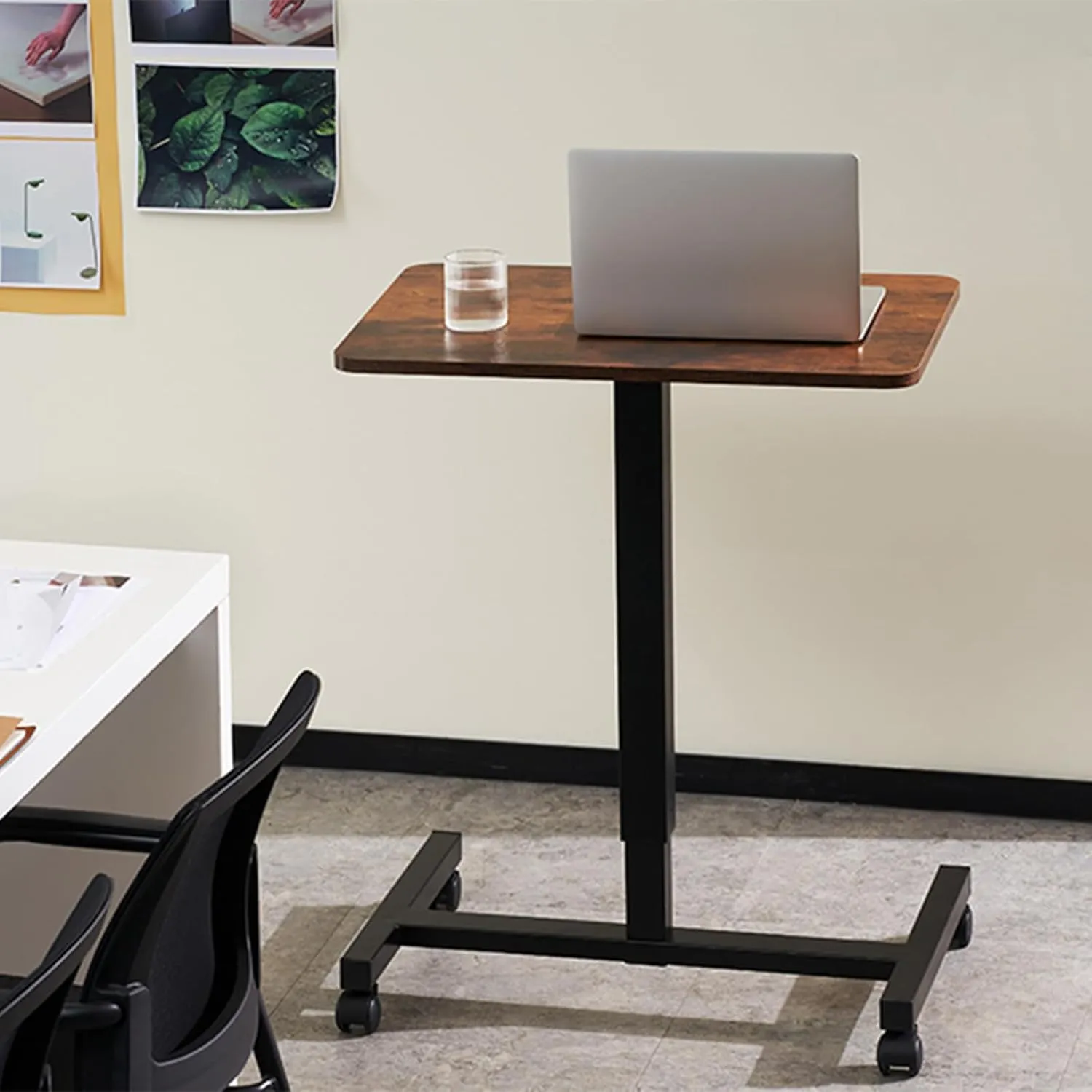 CLATINA Mobile Laptop Desk Pneumatic Sit to Stand Table Height Adjustable Rolling Cart with Lockable Wheels for Home Office Computer Workstation 28" x 19" Brown Round Edge Design Elegant