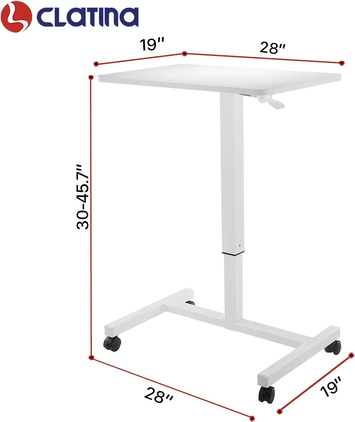 CLATINA Mobile Laptop Desk Pneumatic Sit to Stand Table Height Adjustable Rolling Cart with Lockable Wheels for Home Office Computer Workstation 28" x 19" White Round Edge Design Elegant