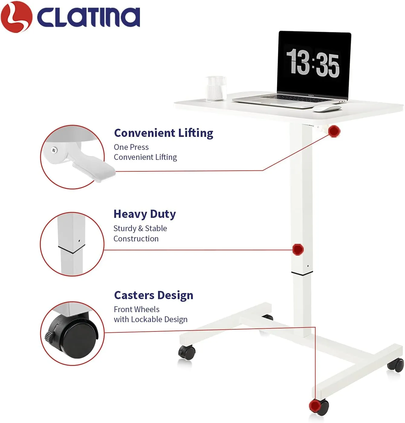 CLATINA Mobile Laptop Desk Pneumatic Sit to Stand Table Height Adjustable Rolling Cart with Lockable Wheels for Home Office Computer Workstation 28" x 19" White Round Edge Design Elegant