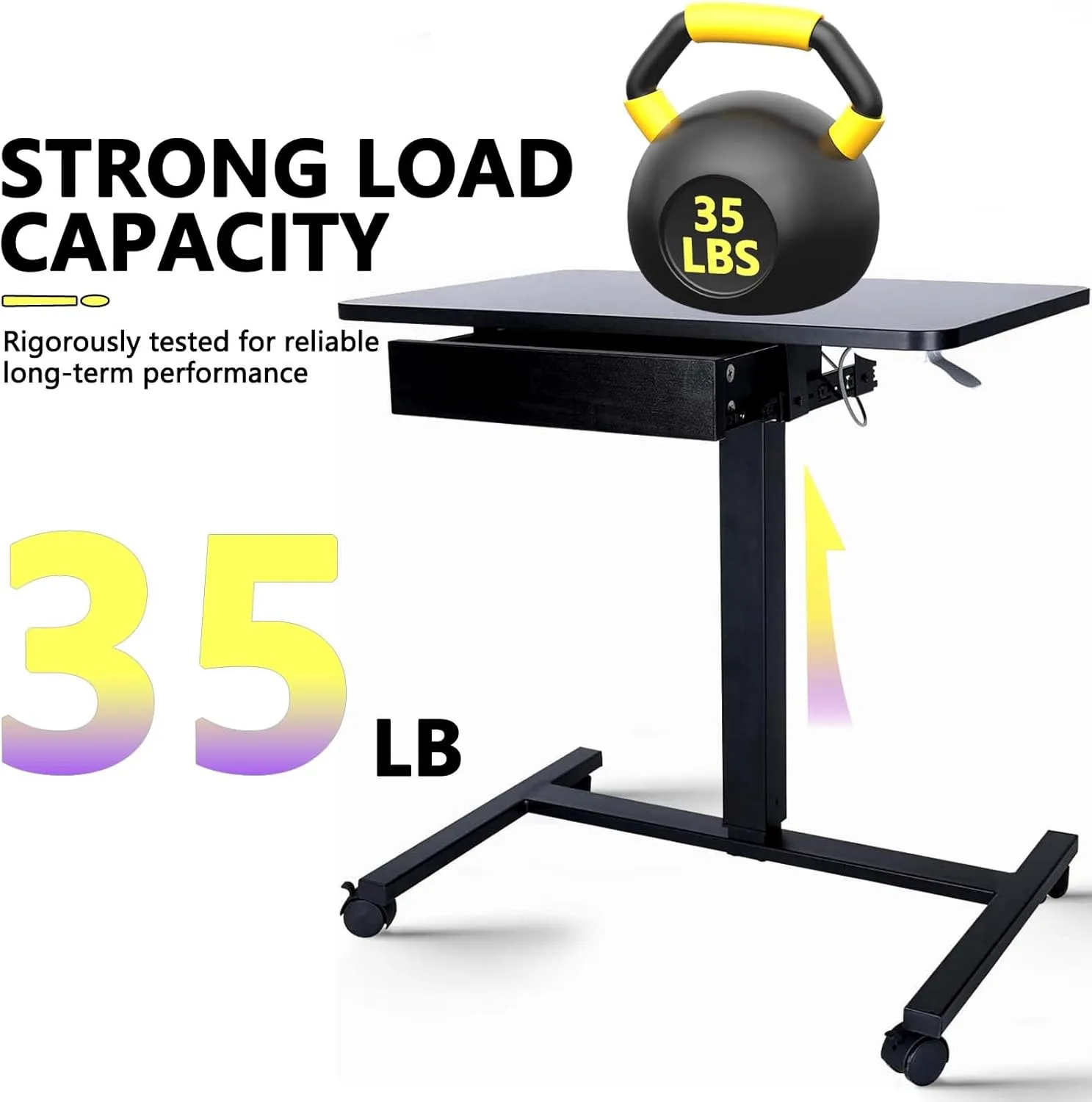 CLATINA Mobile Laptop Standing Desk, Height Adjustable Teacher Podium with Lockable Wheels, Adjustable Work Table with Drawer, Computer Cart Overbed Table for Home Office Classroom, Black