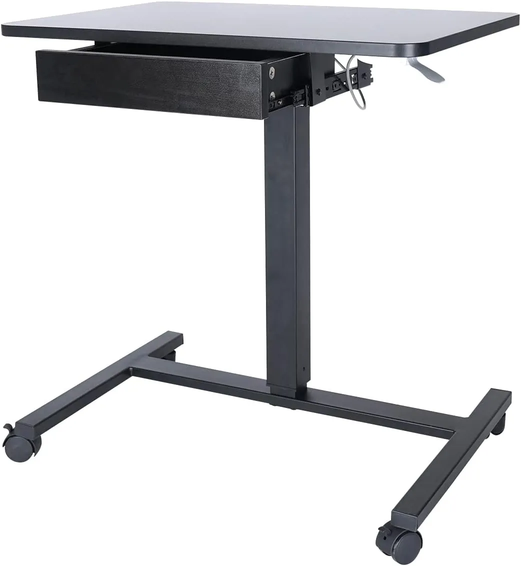 CLATINA Mobile Laptop Standing Desk, Height Adjustable Teacher Podium with Lockable Wheels, Adjustable Work Table with Drawer, Computer Cart Overbed Table for Home Office Classroom, Black