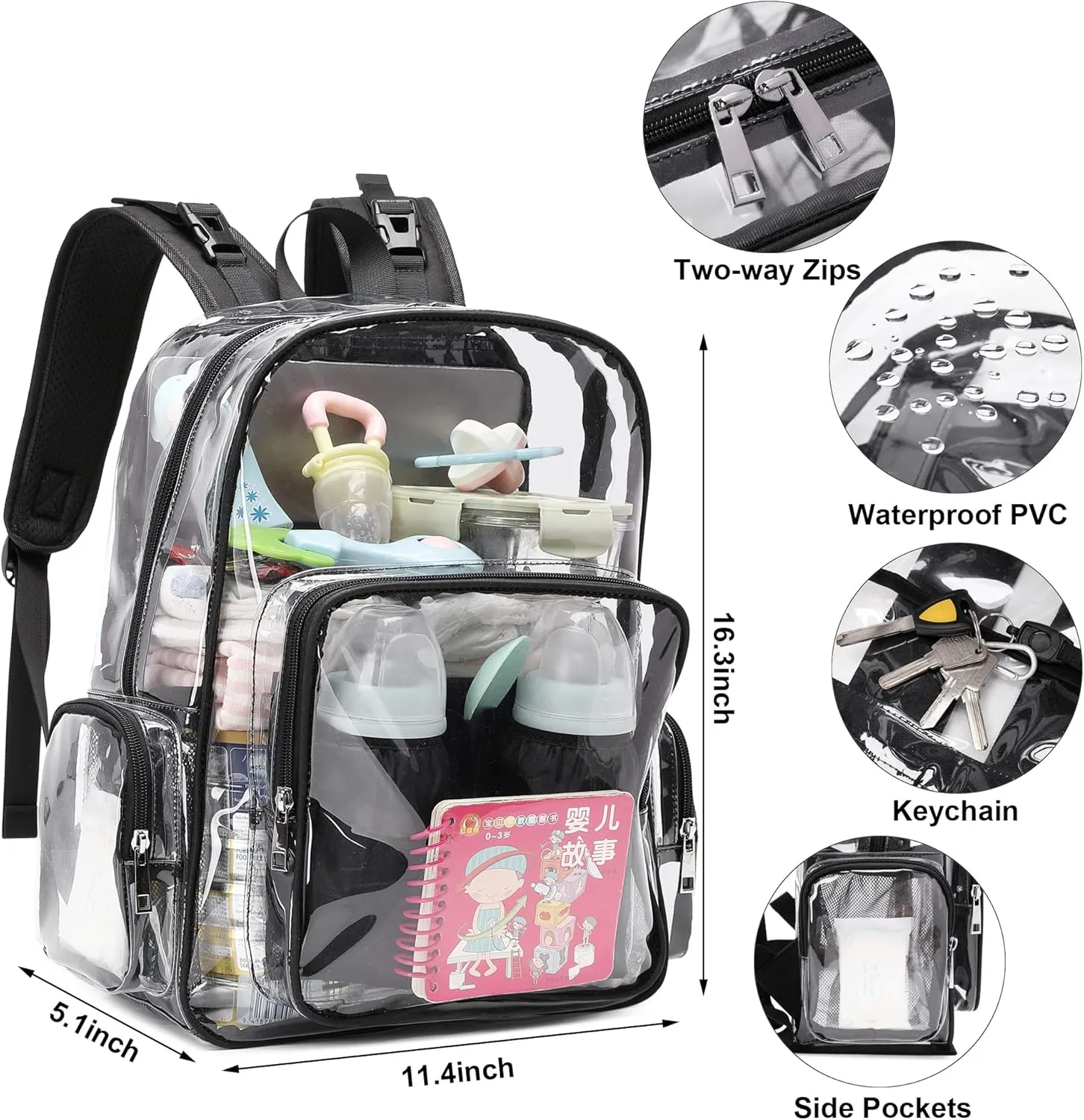 Clear Diaper Bag Backpack for Baby Girls Boys, Mom Nappy Bags for Women (Black)