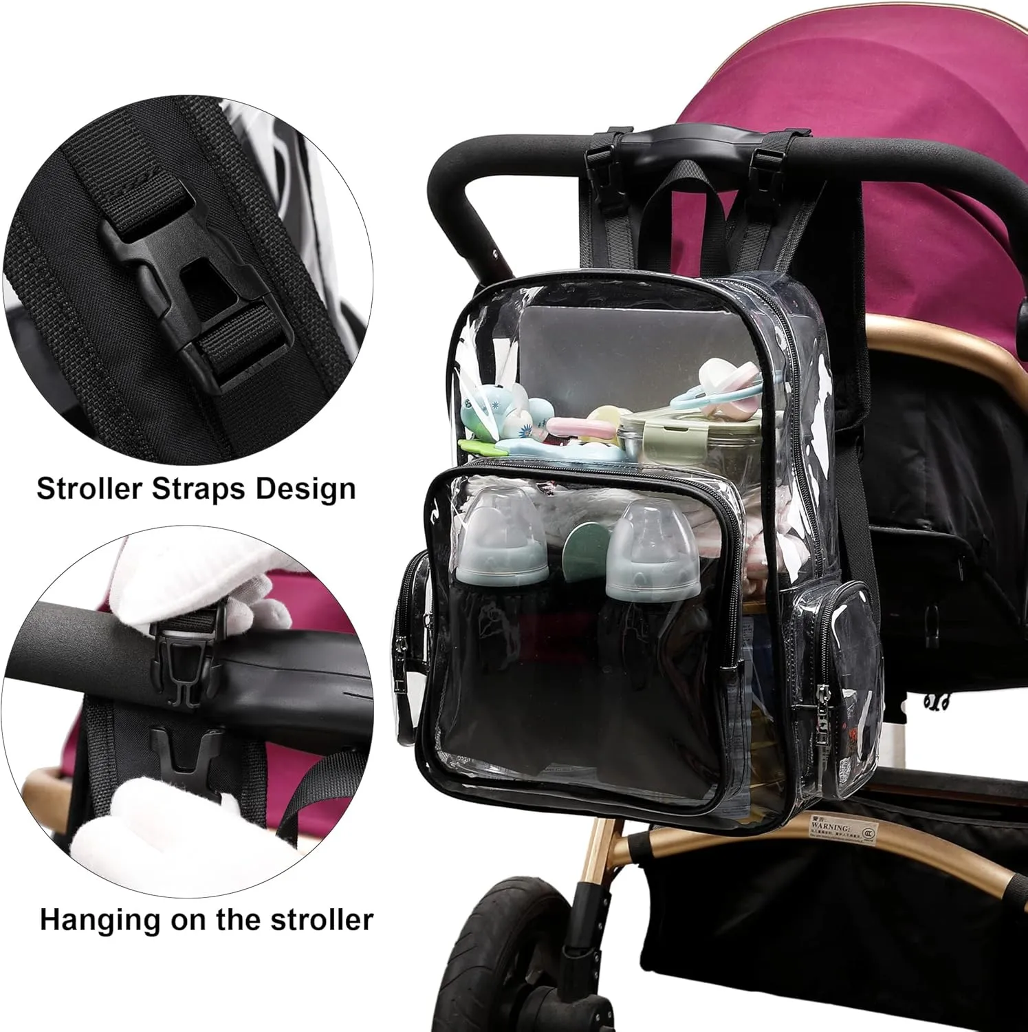 Clear Diaper Bag Backpack for Baby Girls Boys, Mom Nappy Bags for Women (Black)