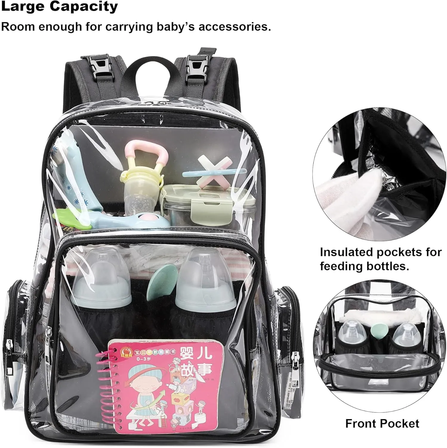 Clear Diaper Bag Backpack for Baby Girls Boys, Mom Nappy Bags for Women (Black)