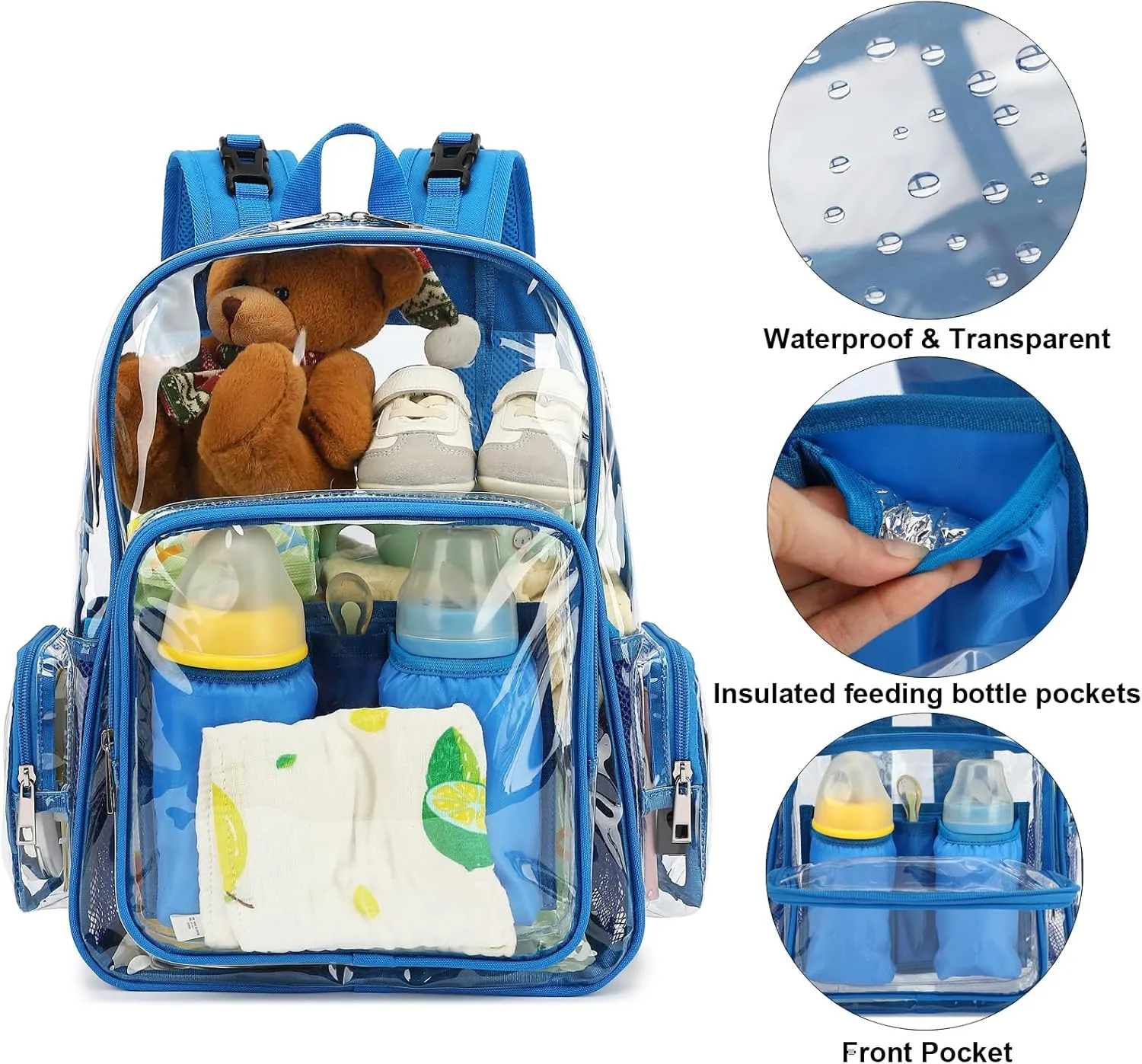 Clear Diaper Bag Backpack for Baby Girls Boys, Mom Nappy Changing Bags for Women (Blue)
