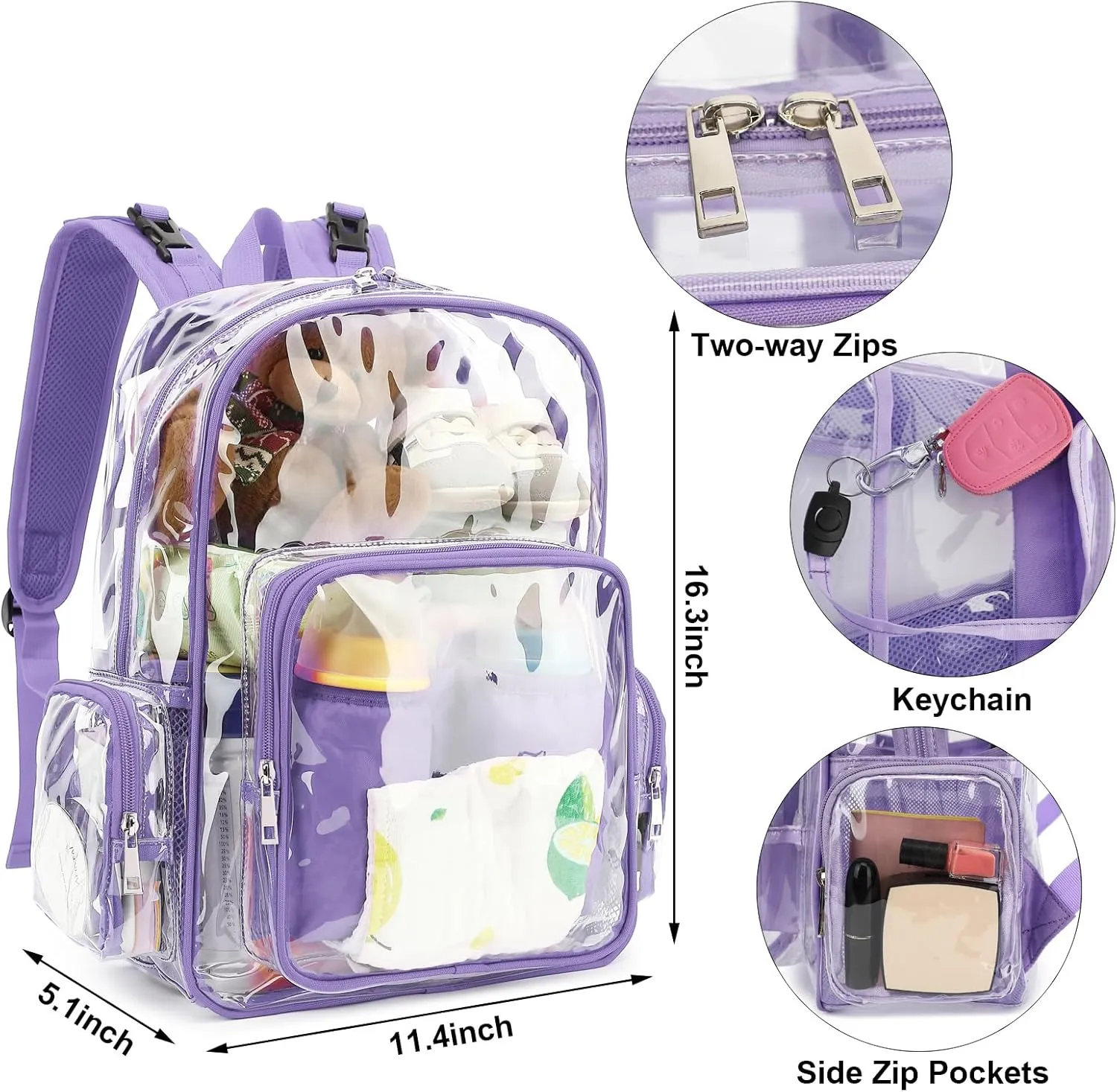 Clear Diaper Bag Backpack for Baby Girls Boys, Mom Nappy Changing Bags for Women (Lavender Purple)