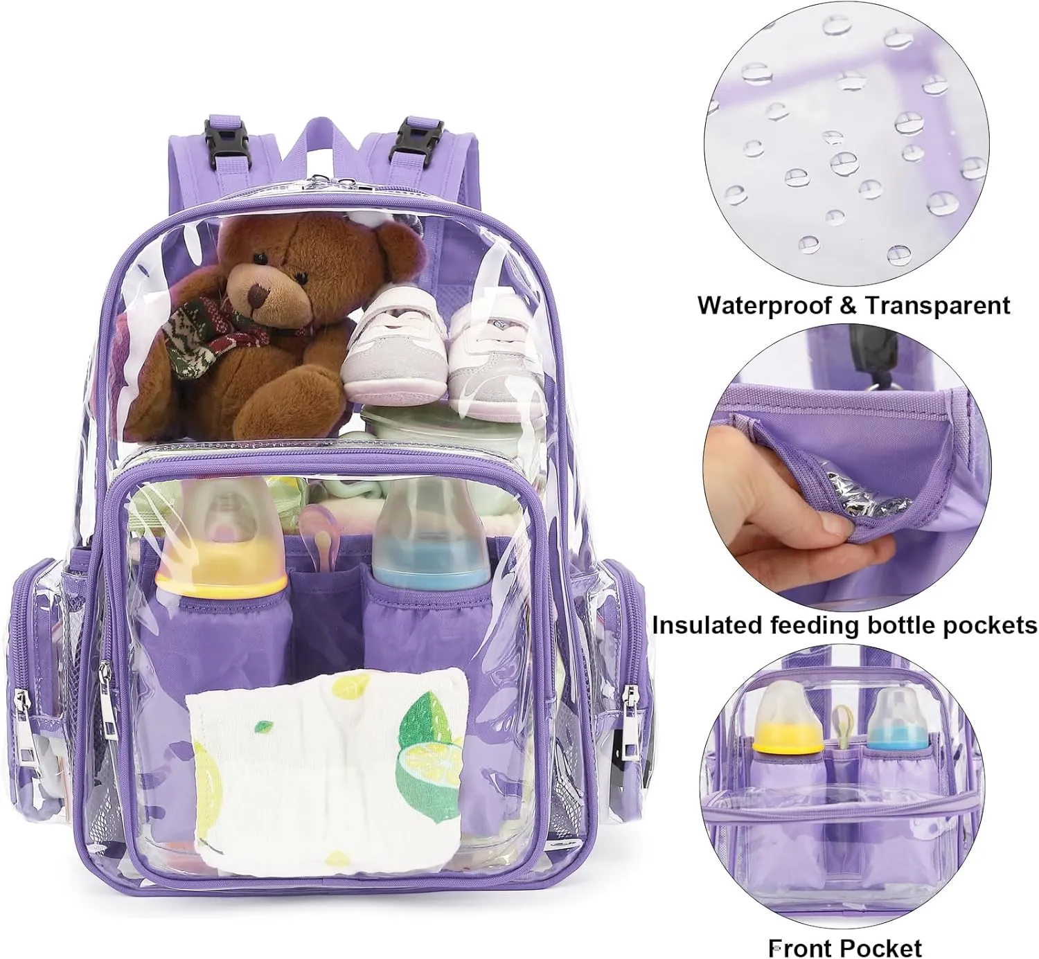 Clear Diaper Bag Backpack for Baby Girls Boys, Mom Nappy Changing Bags for Women (Lavender Purple)