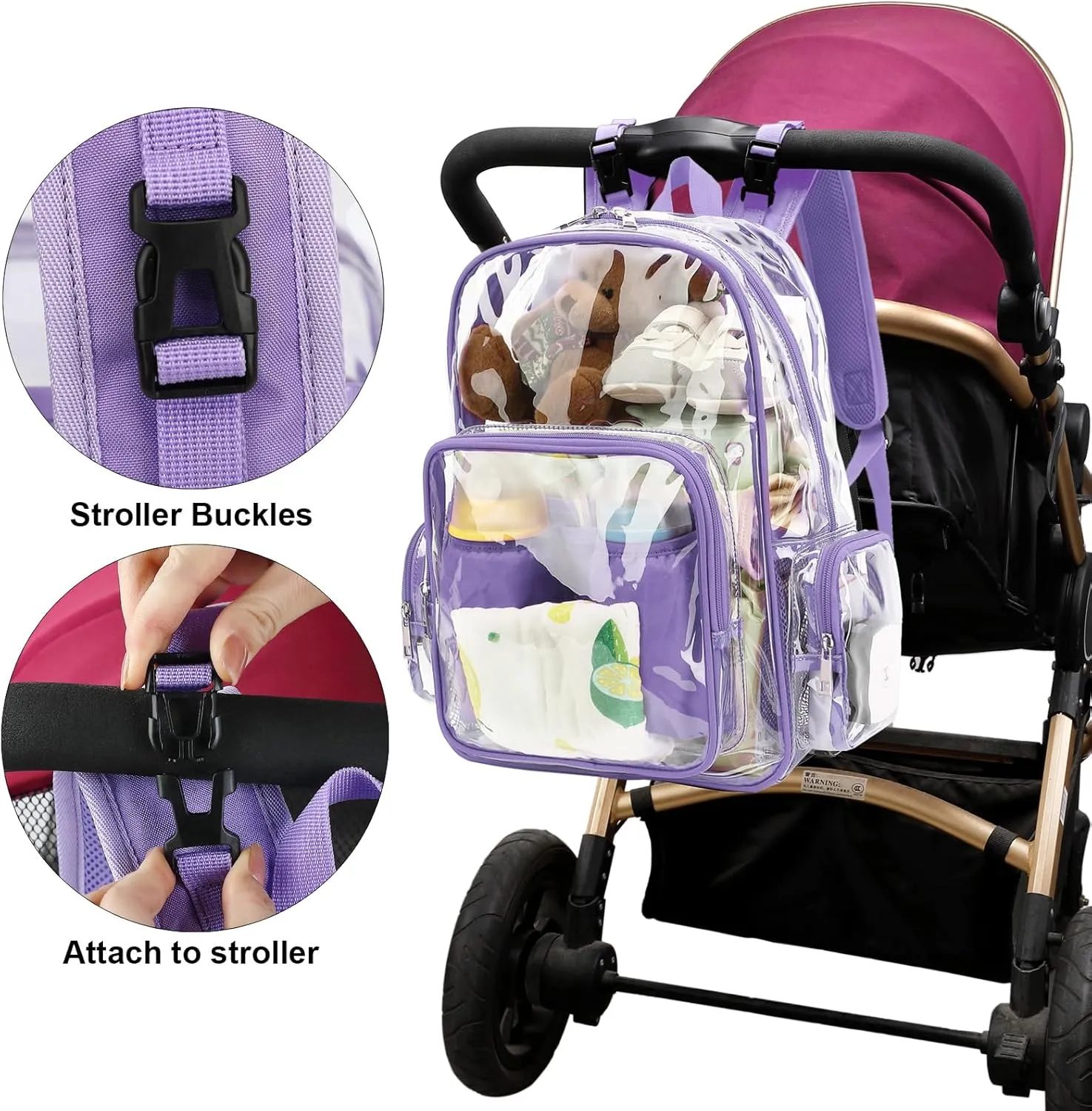 Clear Diaper Bag Backpack for Baby Girls Boys, Mom Nappy Changing Bags for Women (Lavender Purple)
