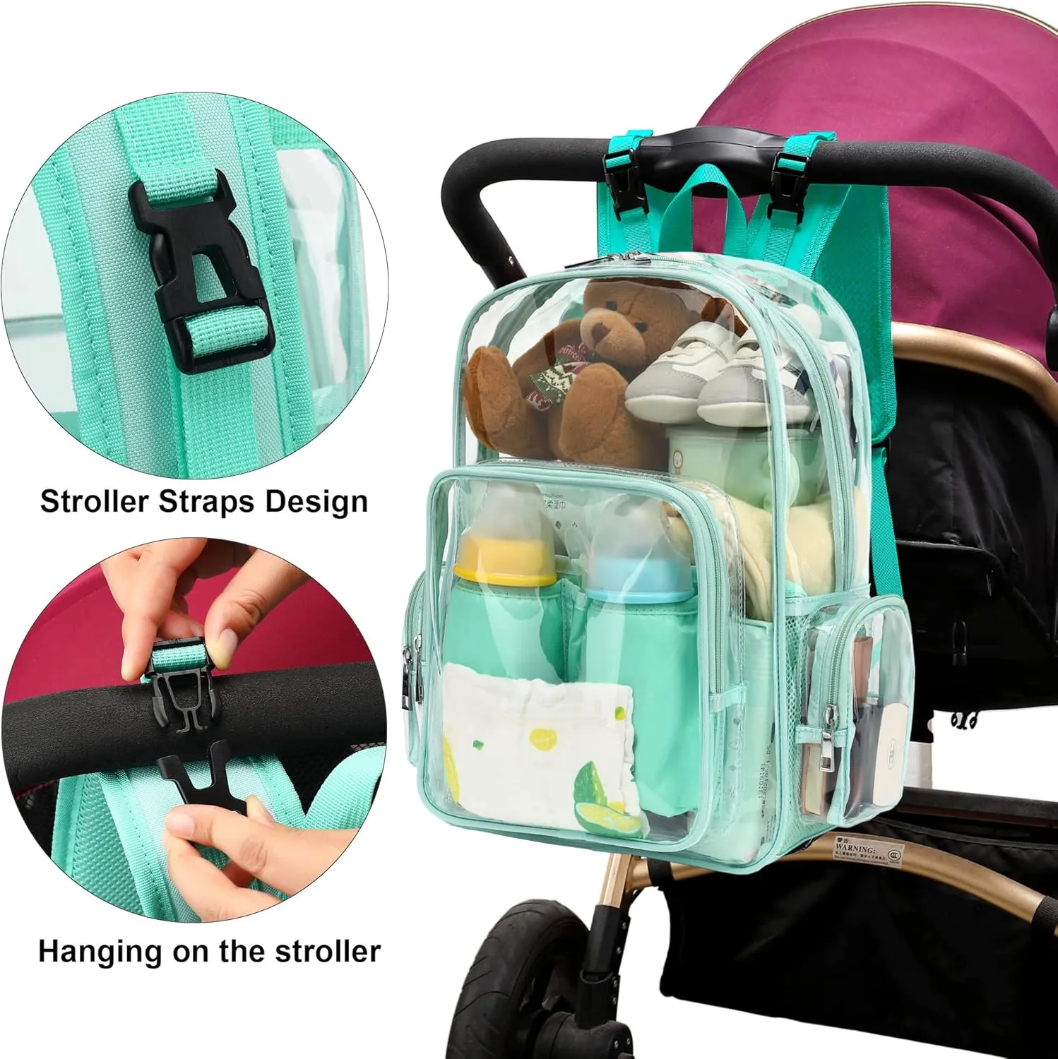 Clear Diaper Bag Backpack for Baby Girls Boys, Mom Nappy Changing Bags for Women (Mint Green)