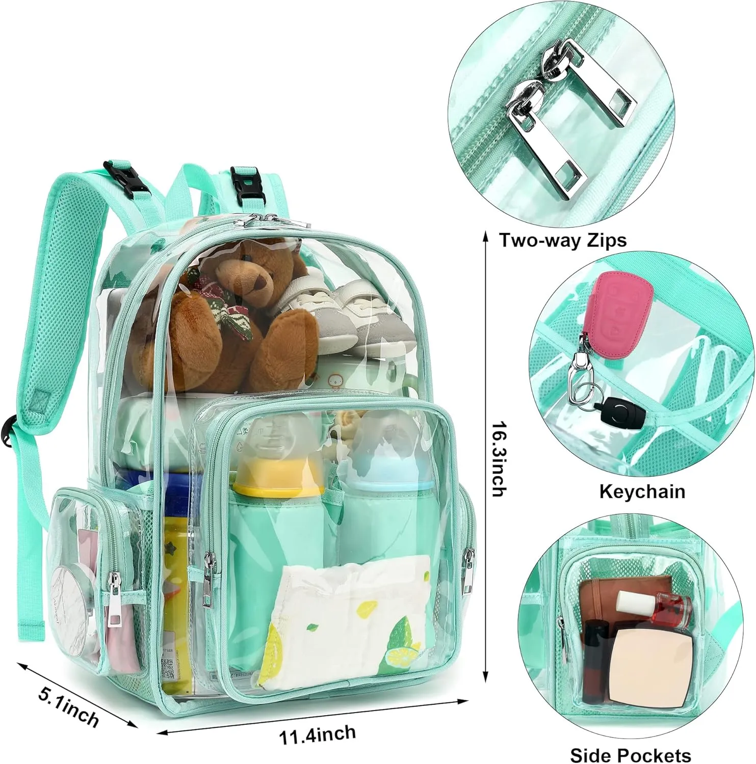 Clear Diaper Bag Backpack for Baby Girls Boys, Mom Nappy Changing Bags for Women (Mint Green)