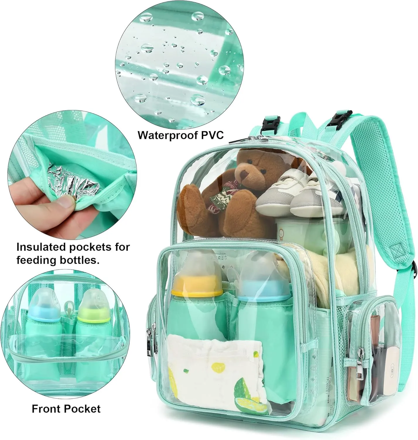 Clear Diaper Bag Backpack for Baby Girls Boys, Mom Nappy Changing Bags for Women (Mint Green)