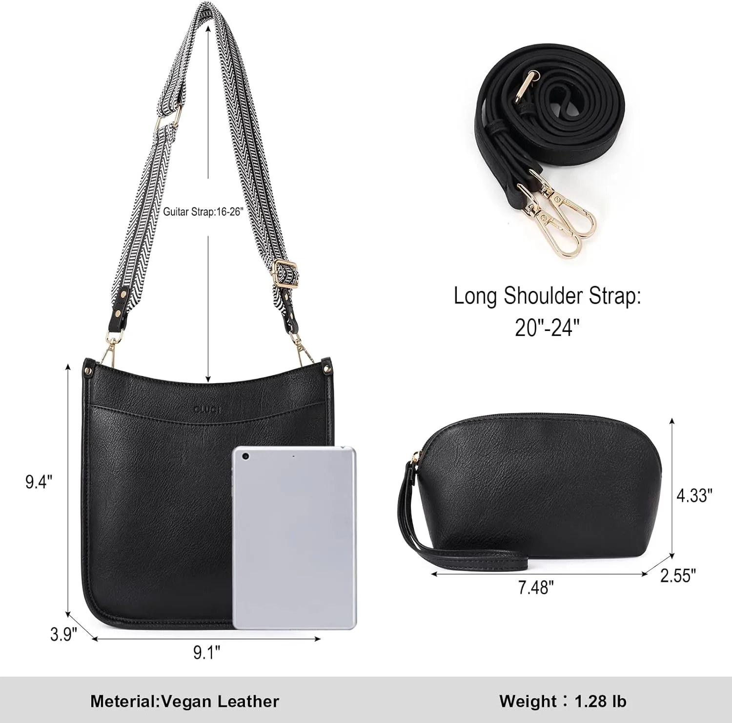 CLUCI Purses for Women, Vegen Leather Crossbody Bags for Woman Trendy, 2PCS Hobo Handbag with 2 Adjustable Guitar Strap