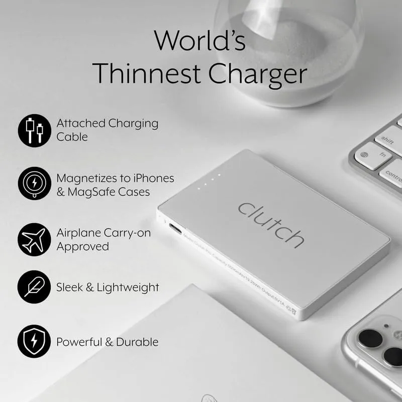Clutch Pro Portable iPhone Charger for Travel 5000 mAH TSA Approved Magnetic Airplane Safe Portable Charger only Compatible for iPhone 14 & Older Devices with Built-in Lightning Cable 3.7 oz - White