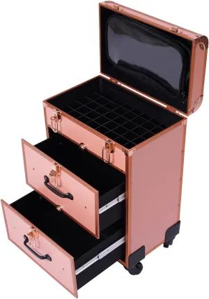CNCEST Rolling Makeup Cosmetic Case,Nail Embroidery and Hair Storage Case Polish Organizer Professional Makeup Trolley for Studio or Travelling Nail Technician Artists Cosmetologist Stylist (Gold)