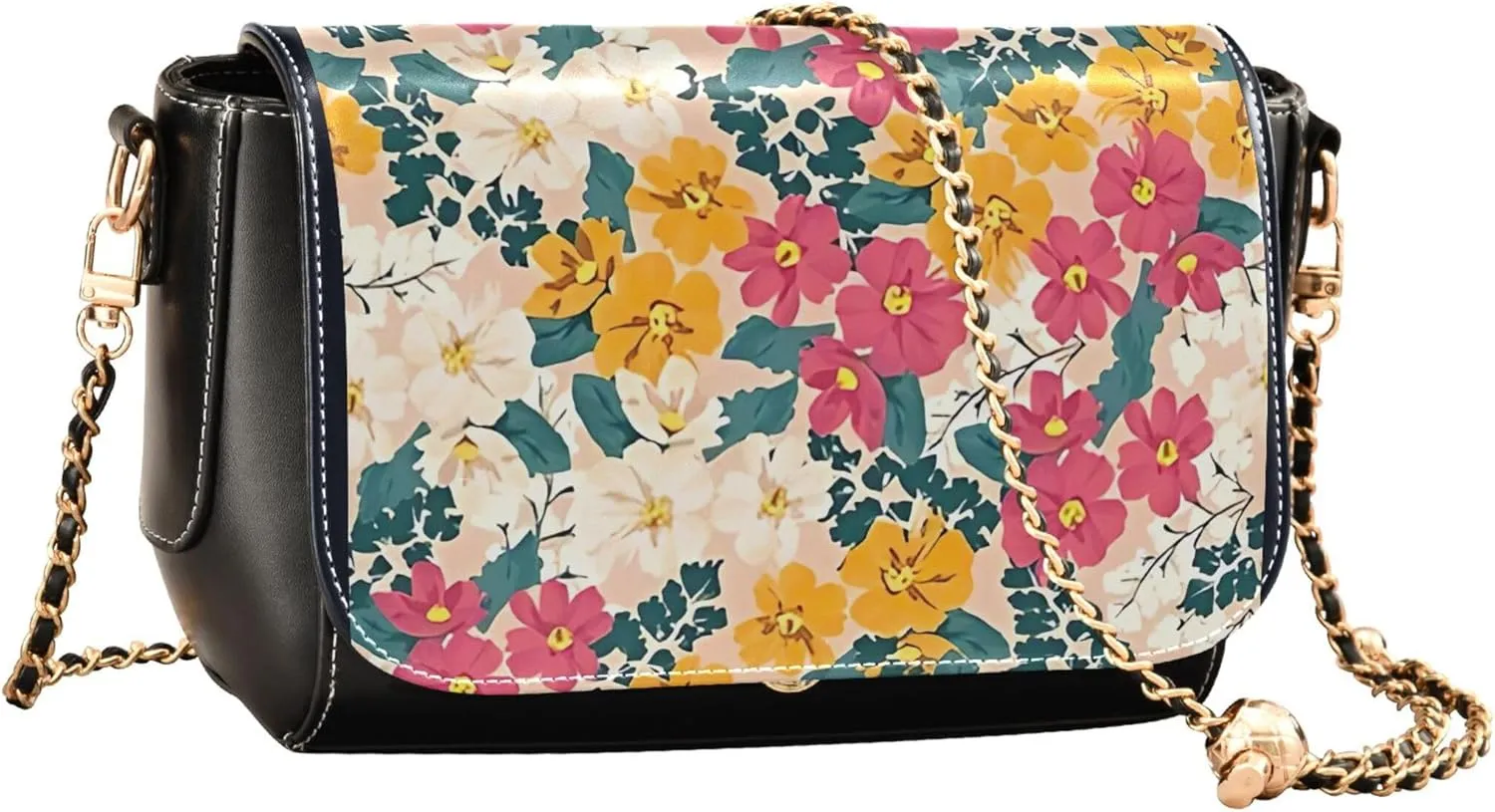Colorful Flower Vivid Print Crossbody Purses for Women Black Shoulder Leather Bags Wallet Handbags with Chain Strap