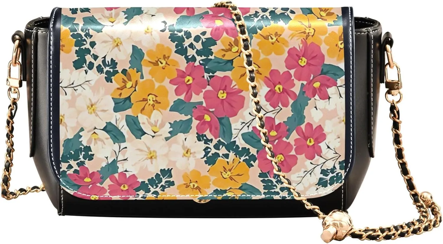 Colorful Flower Vivid Print Crossbody Purses for Women Black Shoulder Leather Bags Wallet Handbags with Chain Strap