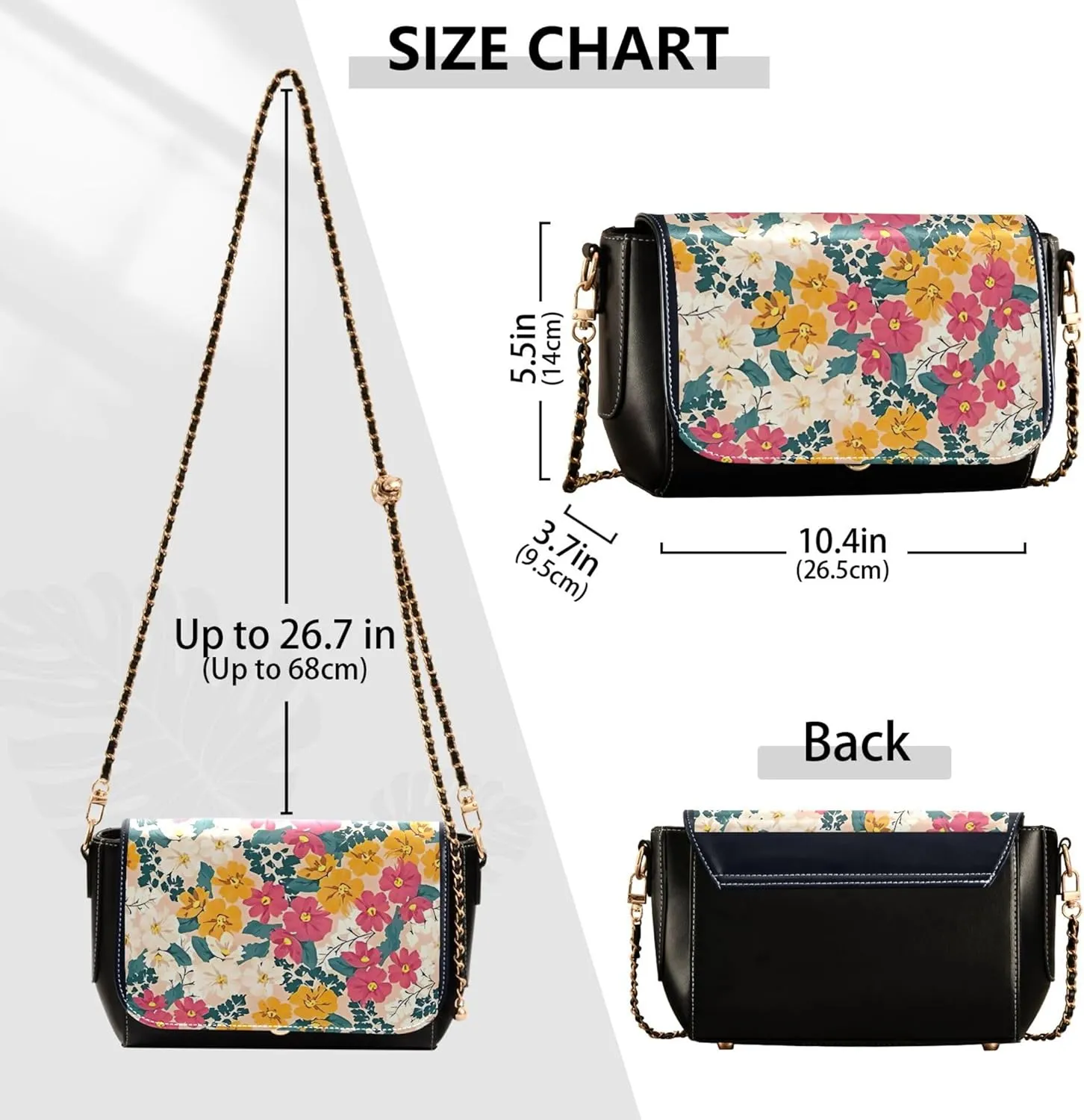 Colorful Flower Vivid Print Crossbody Purses for Women Black Shoulder Leather Bags Wallet Handbags with Chain Strap