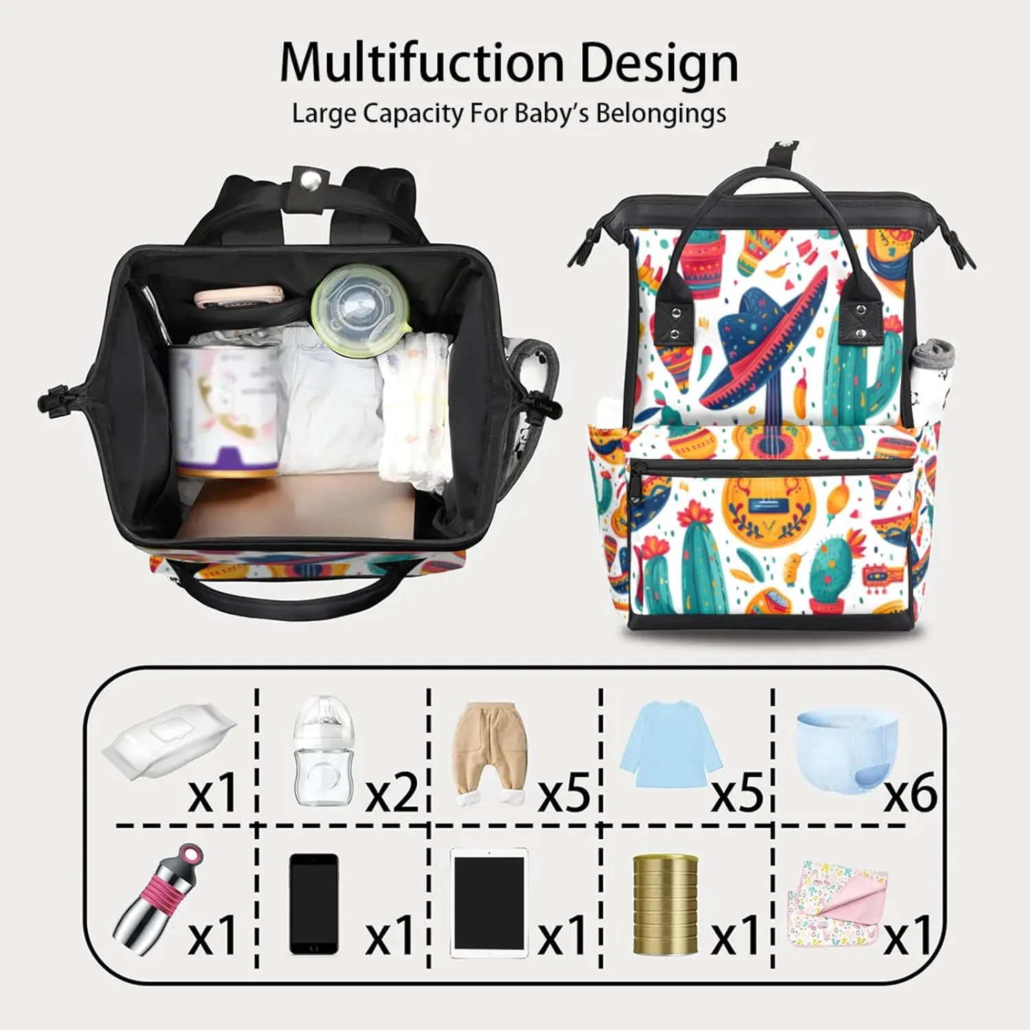 Colorful Mexican Fiesta Double Shoulder Mommy Bag for Women, Polyester Large Capacity Diaper Backpack with Multi Pockets, Waterproof Adjustable Straps Diaper Bag for Moms Dads, 11''×7''×15.7''
