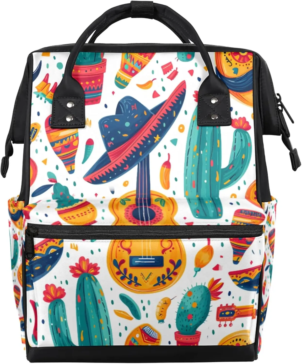 Colorful Mexican Fiesta Double Shoulder Mommy Bag for Women, Polyester Large Capacity Diaper Backpack with Multi Pockets, Waterproof Adjustable Straps Diaper Bag for Moms Dads, 11''×7''×15.7''