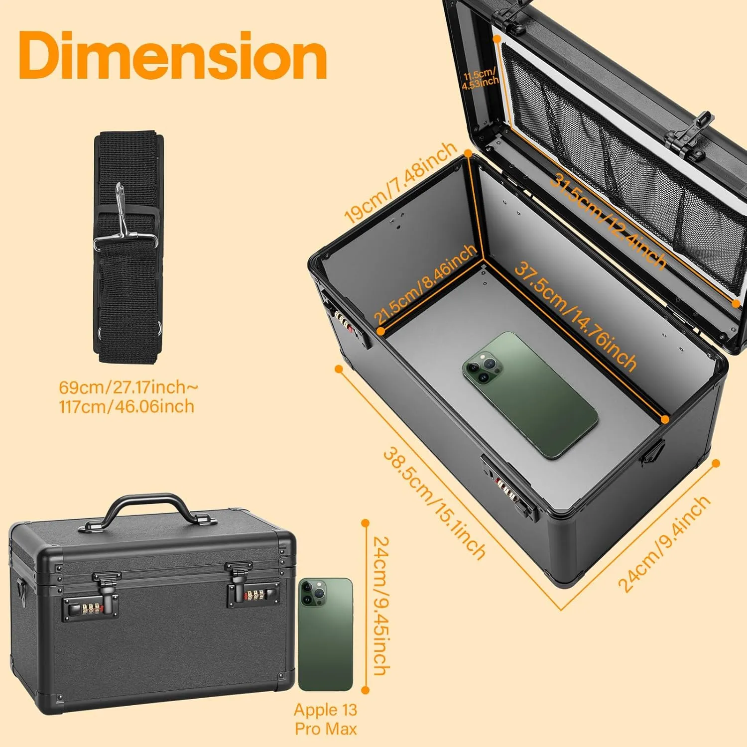 Combination Lock Box - 15.1x8.7x9.4 Inch - Security Lock Boxes for Medicine, Locking Storage Box for Personal Items Passports and Documents, Lockable Lockbox for Office Business, Black