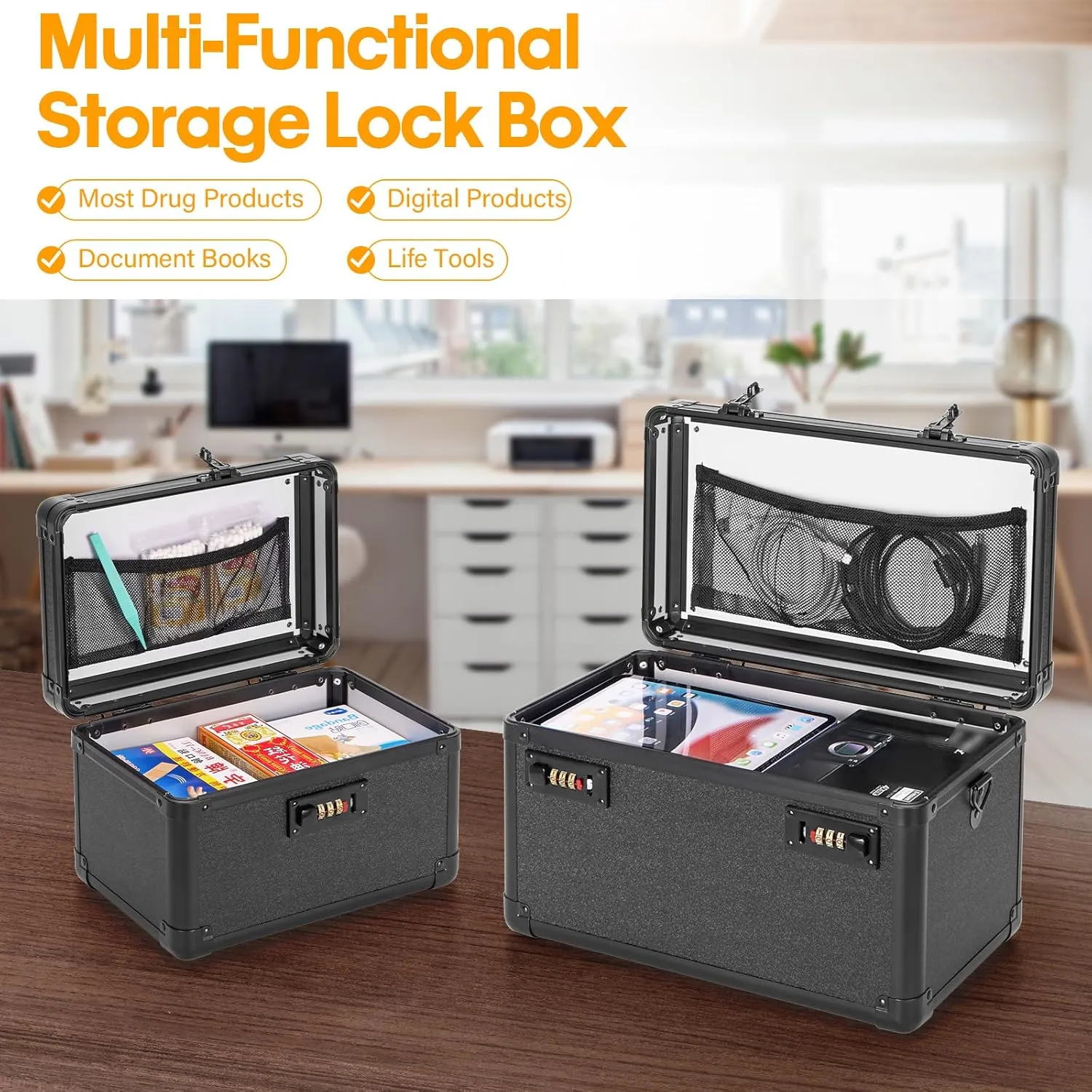 Combination Lock Box - 15.1x8.7x9.4 Inch - Security Lock Boxes for Medicine, Locking Storage Box for Personal Items Passports and Documents, Lockable Lockbox for Office Business, Black