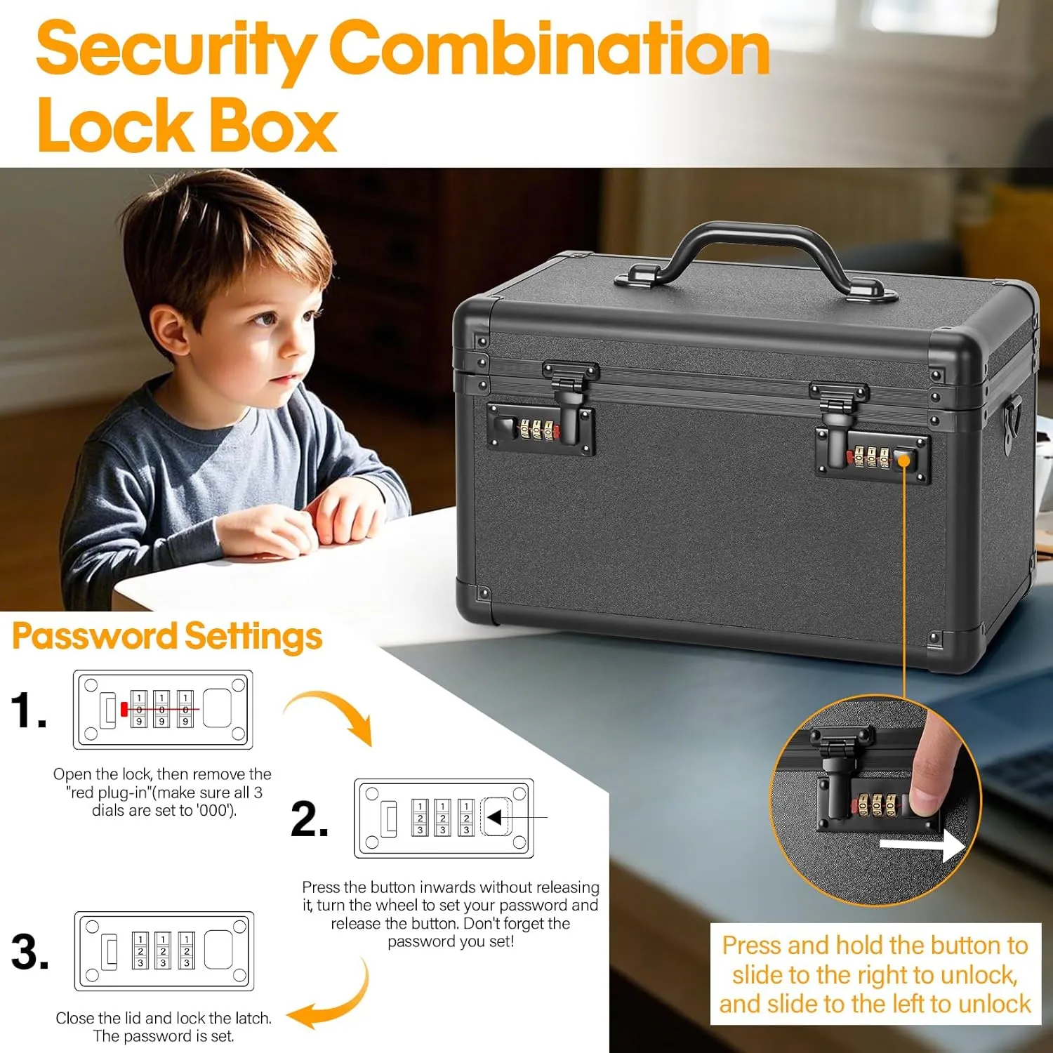 Combination Lock Box - 15.1x8.7x9.4 Inch - Security Lock Boxes for Medicine, Locking Storage Box for Personal Items Passports and Documents, Lockable Lockbox for Office Business, Black