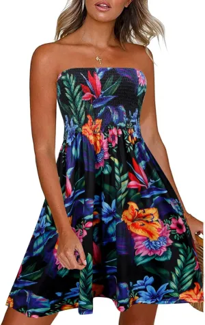 Comeon Women Off Shoulder Strapless Sleeveless Tube Top Dress Floral Summer Beach Coverup Flowy Midi Dress
